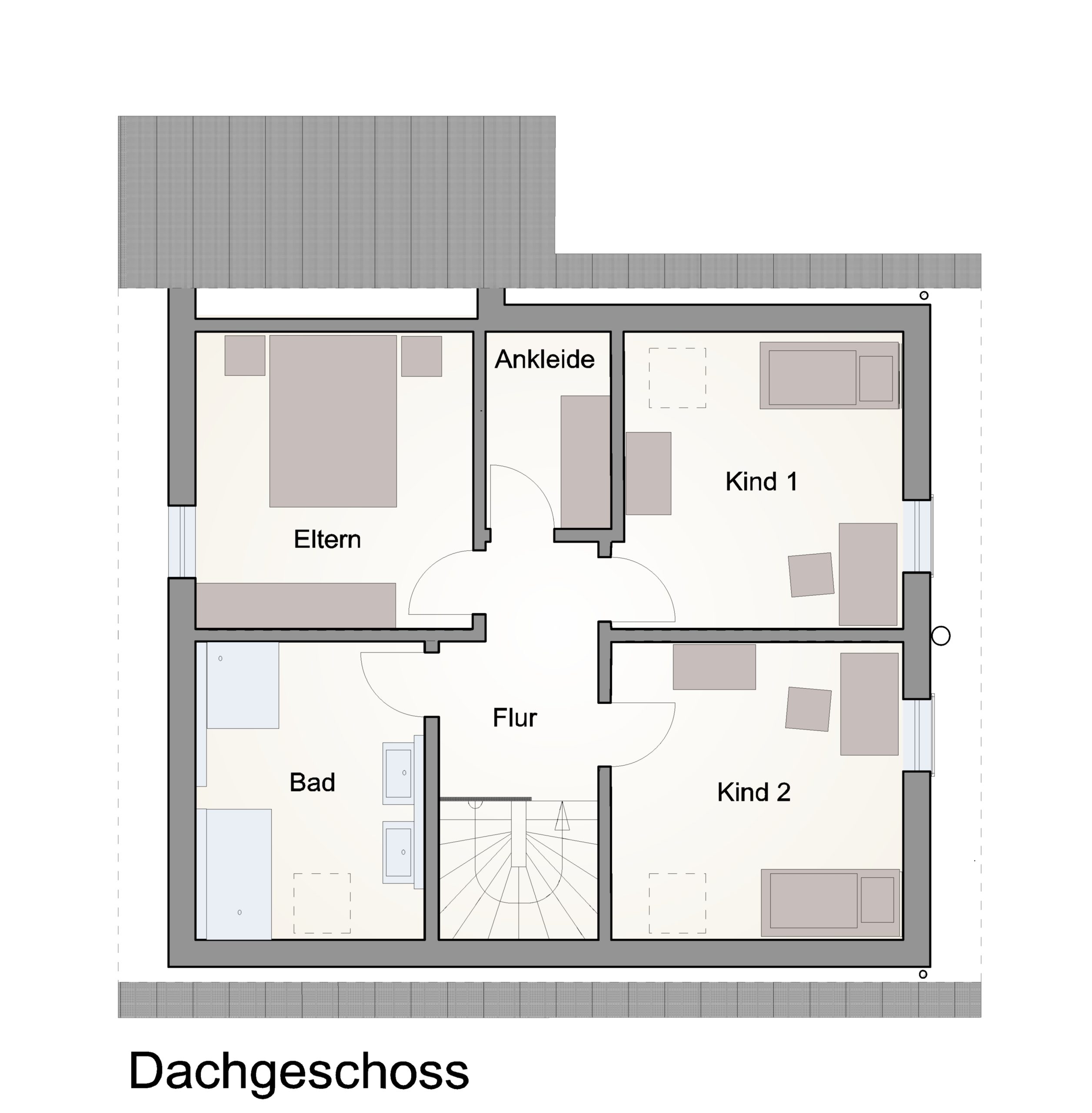 Grundriss des Dachgeschosses mit zwei Kinderzimmern, Elternzimmer, Ankleide und Bad