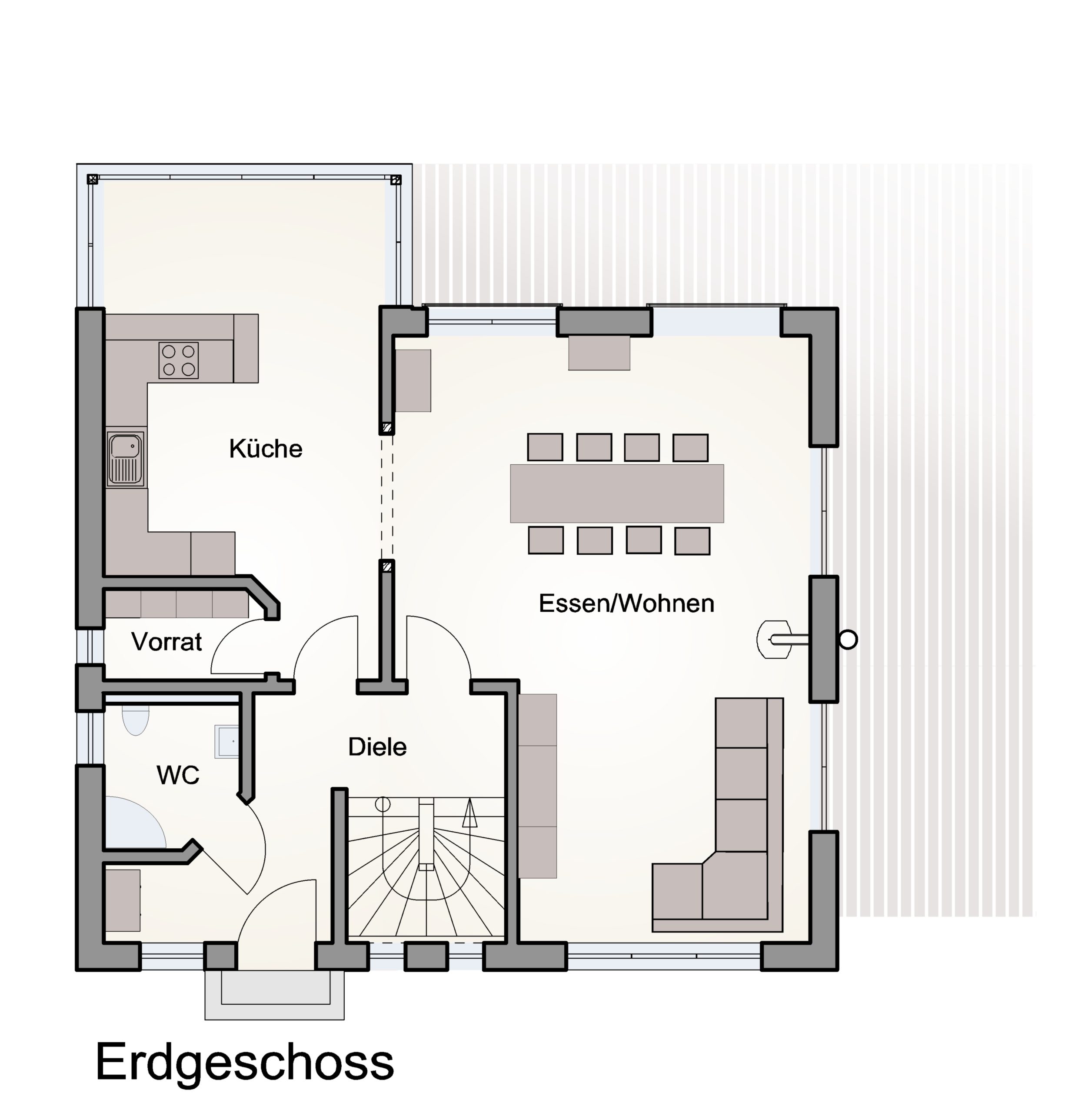 Grundriss des Erdgeschosses mit Wohn-/Essbereich, Küche, Vorrat und WC