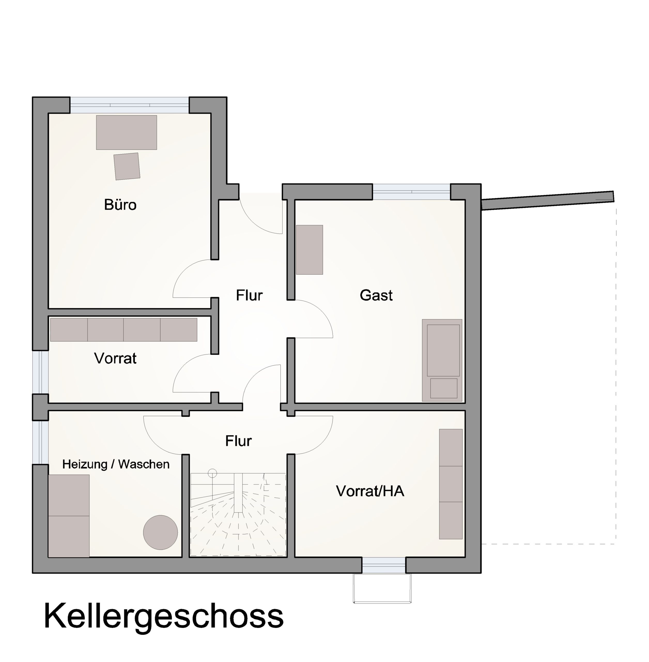 Grundriss des Souterrains mit Büro, Gästezimmer, Technik- und Vorratsräumen