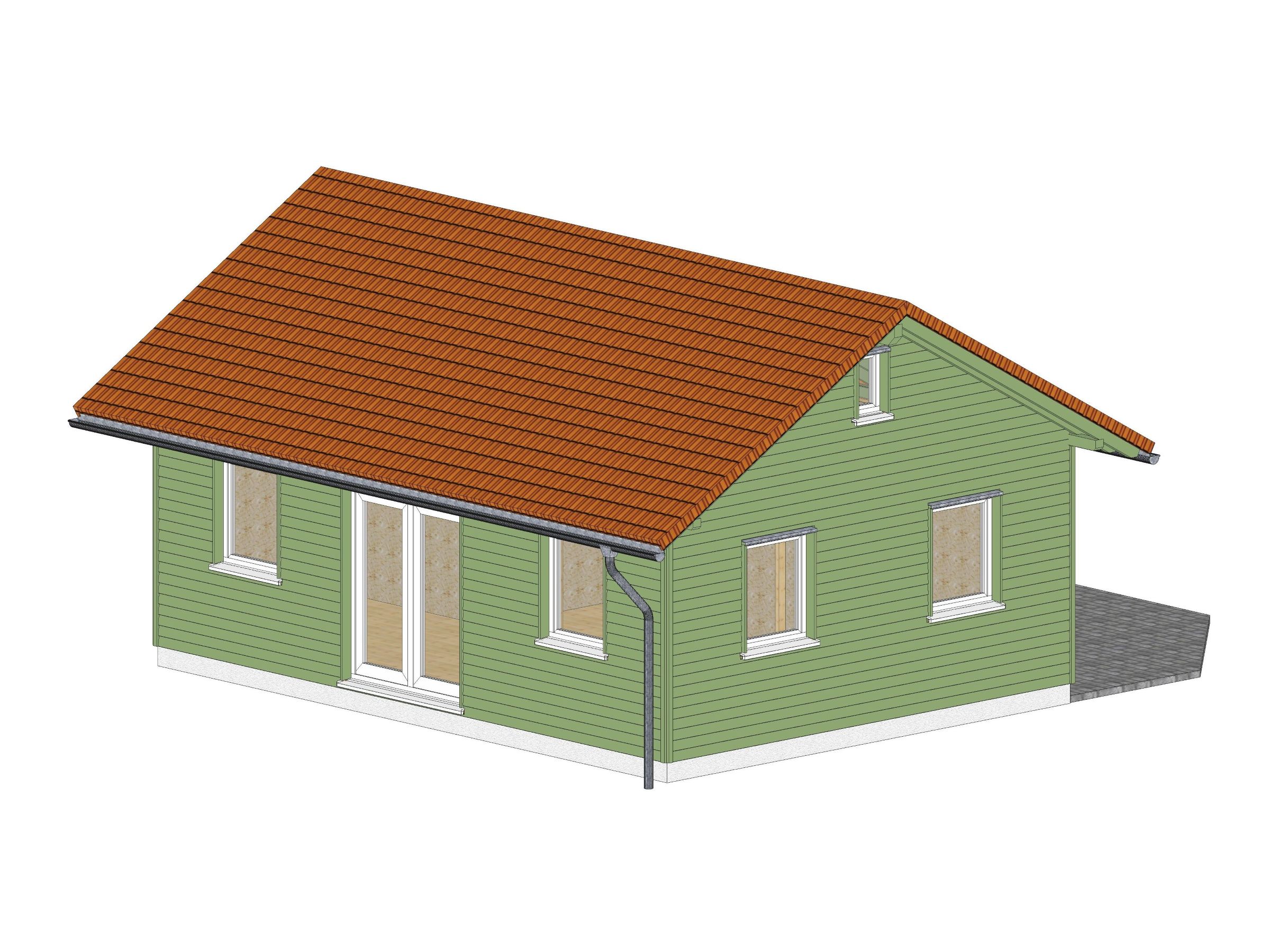 3D-Darstellung eines kleinen Ferienhauses in Holzbauweise mit grüner Fassade und Satteldach