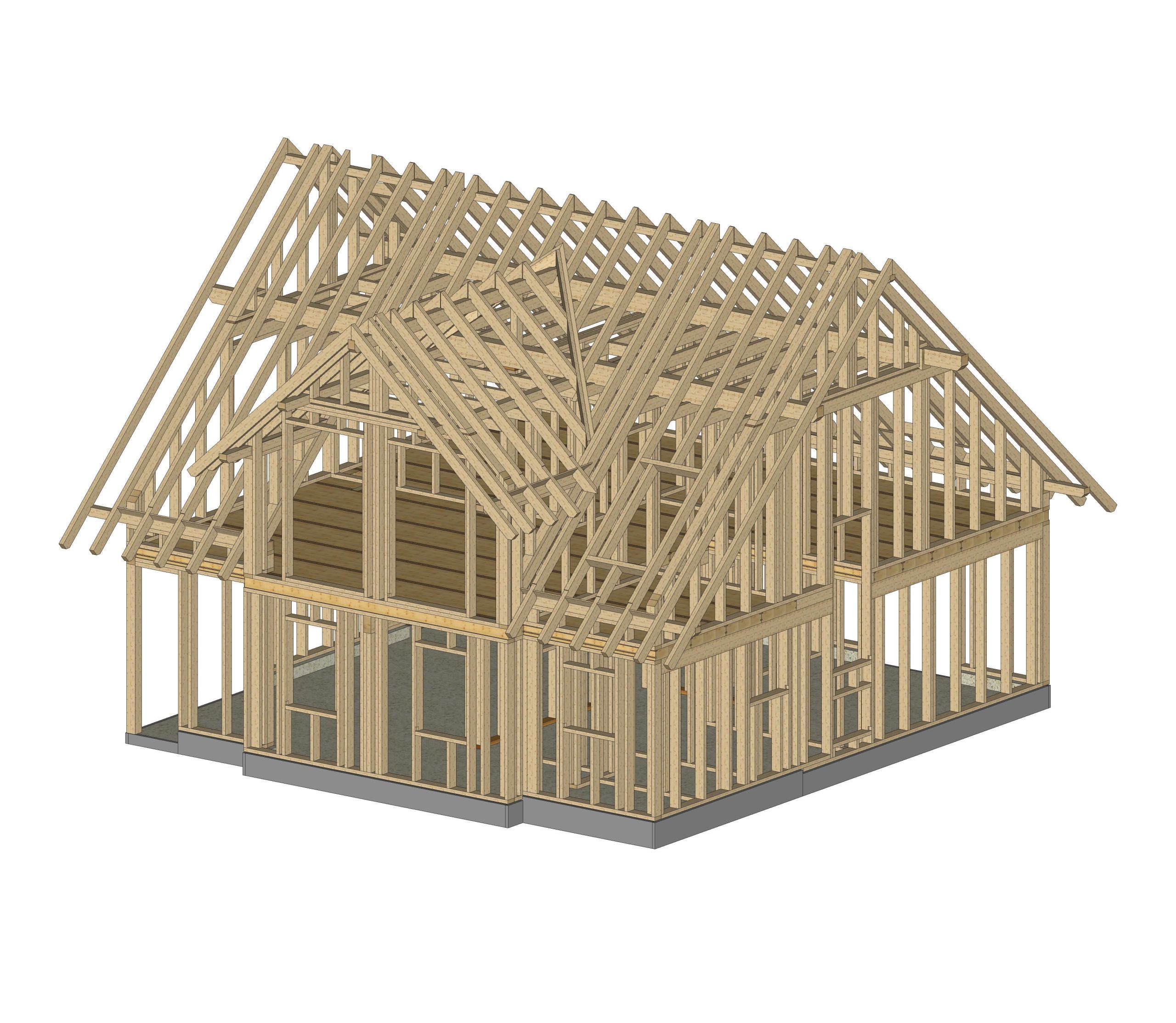 3D-Grafik eines Holzhausrohbaus im Fachwerk- bzw. Holzständerbau