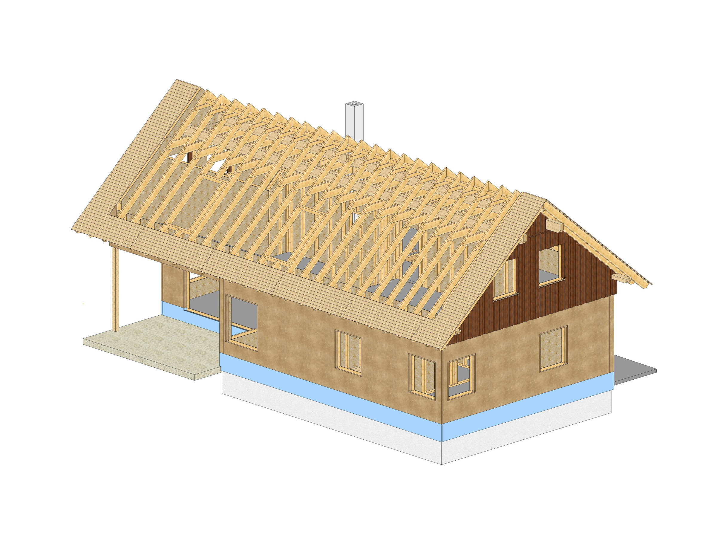 CAD-Darstellung der Holzrahmenkonstruktion eines Ferienhauses