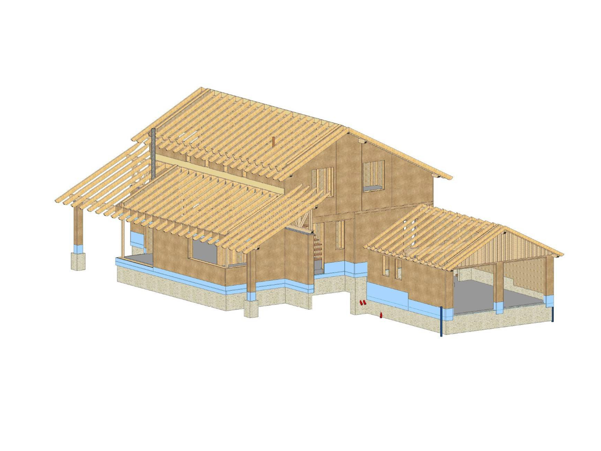 CAD-Darstellung der Holzrahmenkonstruktion eines zweigeschossigen Wohnhauses