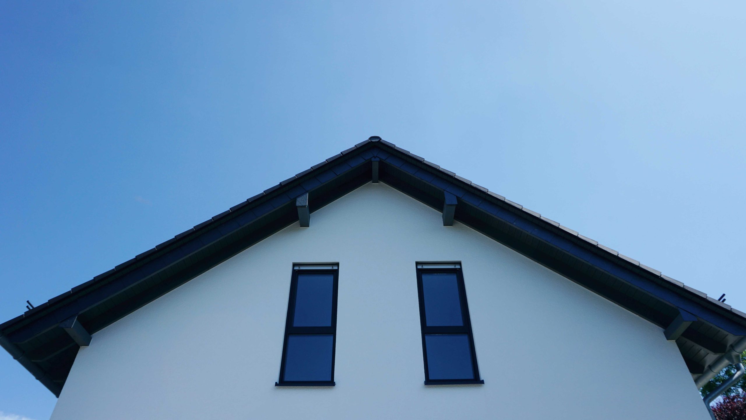 Detailaufnahme der Giebelfassade mit zwei schmalen Fenstern und klarer Linienführung