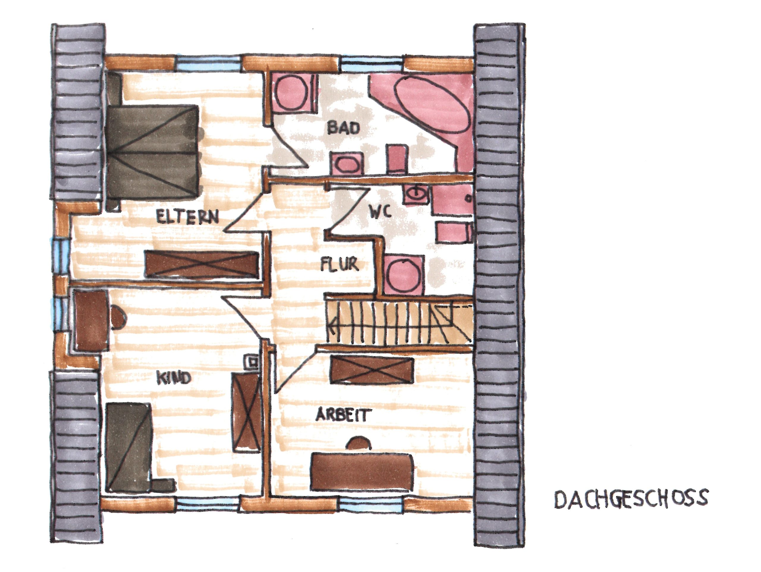 Handgezeichneter Grundriss des Dachgeschosses mit Schlafzimmer, Kinderzimmer, Arbeitszimmer, Bad und WC
