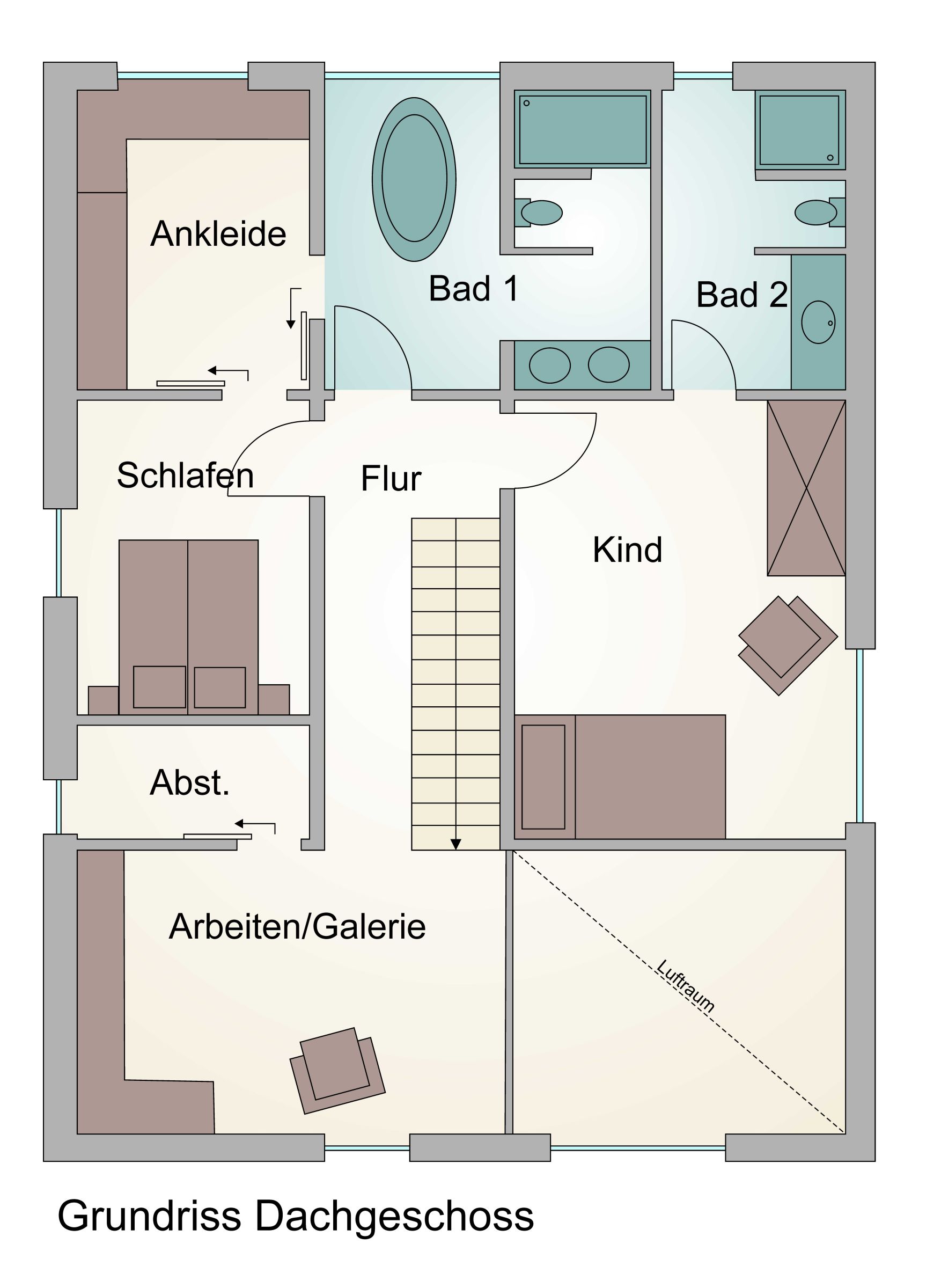 Grundriss Dachgeschoss mit Schlafräumen, Ankleide, Galerie und zwei Bädern
