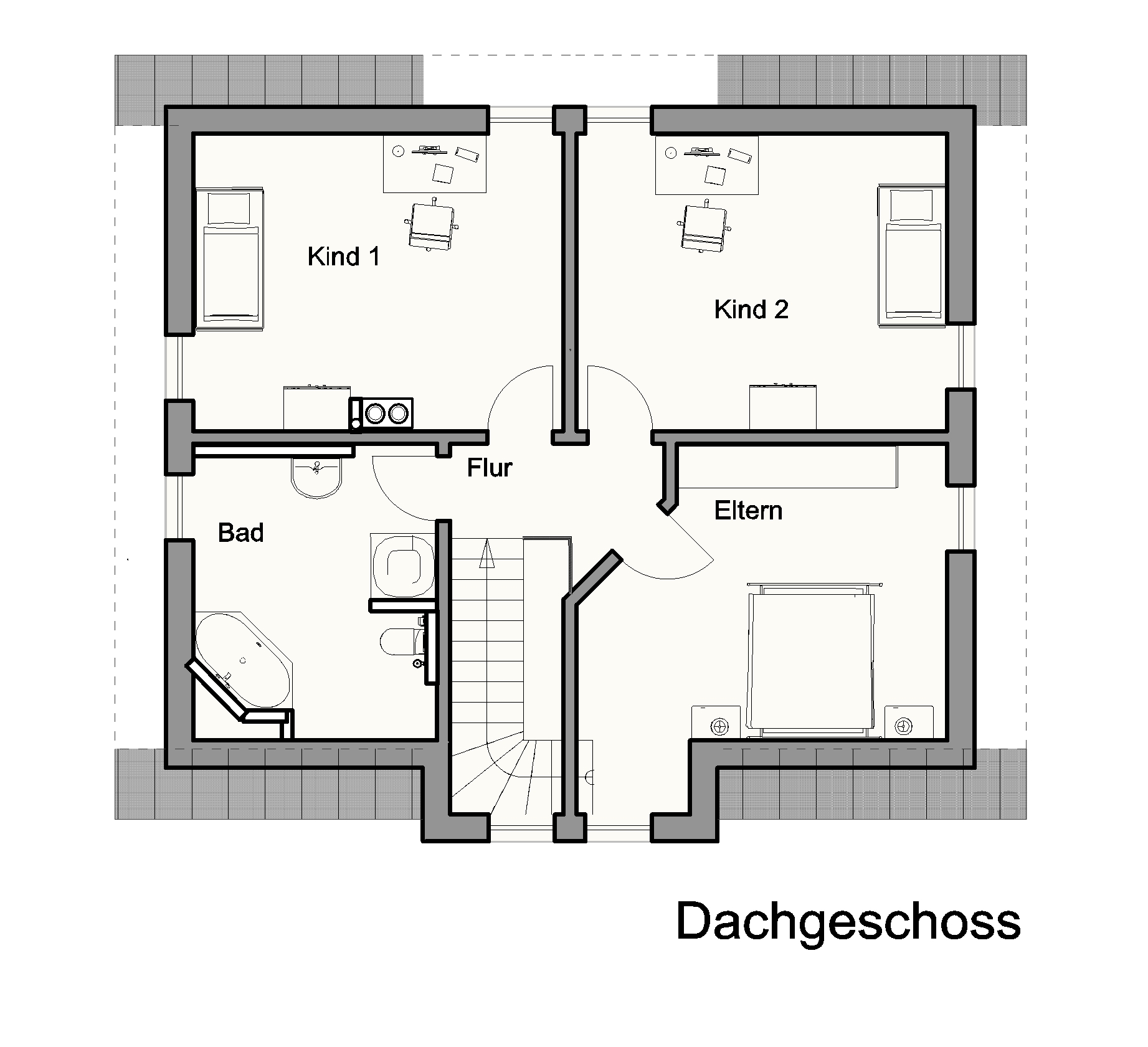 Grundriss des Dachgeschosses mit zwei Kinderzimmern, Elternschlafzimmer, Bad und Flur