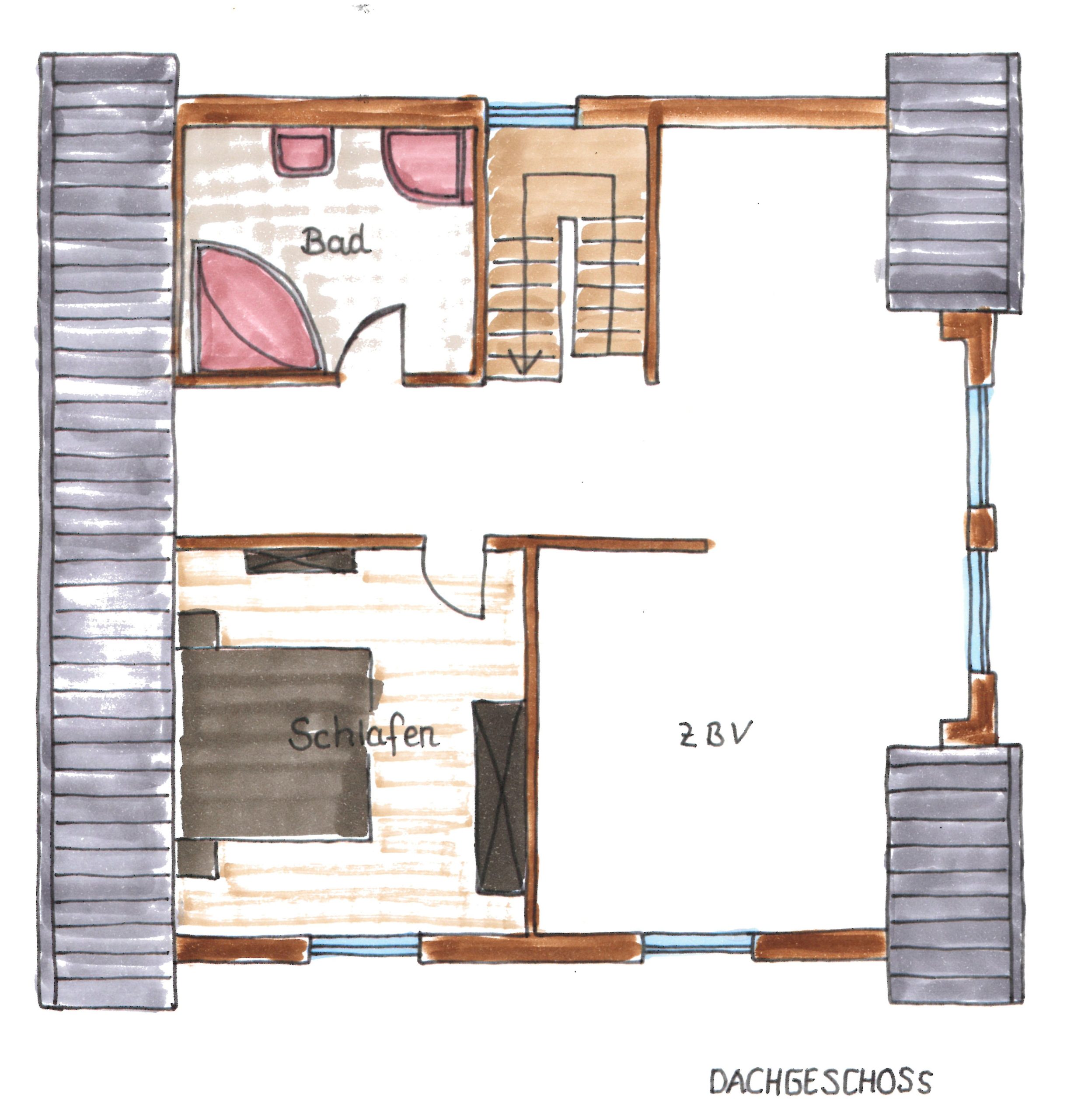 Handgezeichnete Grundrissskizze des Dachgeschosses