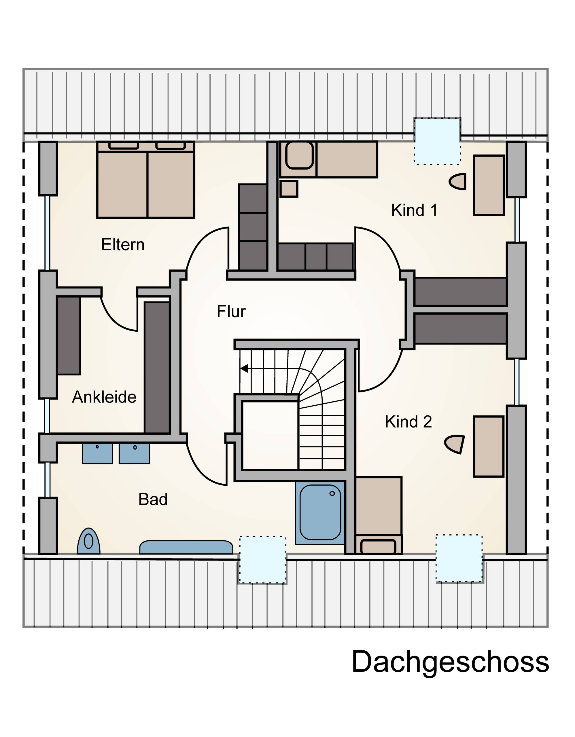 Grundriss des Dachgeschosses von Haus Vollmer mit Elternschlafzimmer, Ankleide, zwei Kinderzimmern und Badezimmer