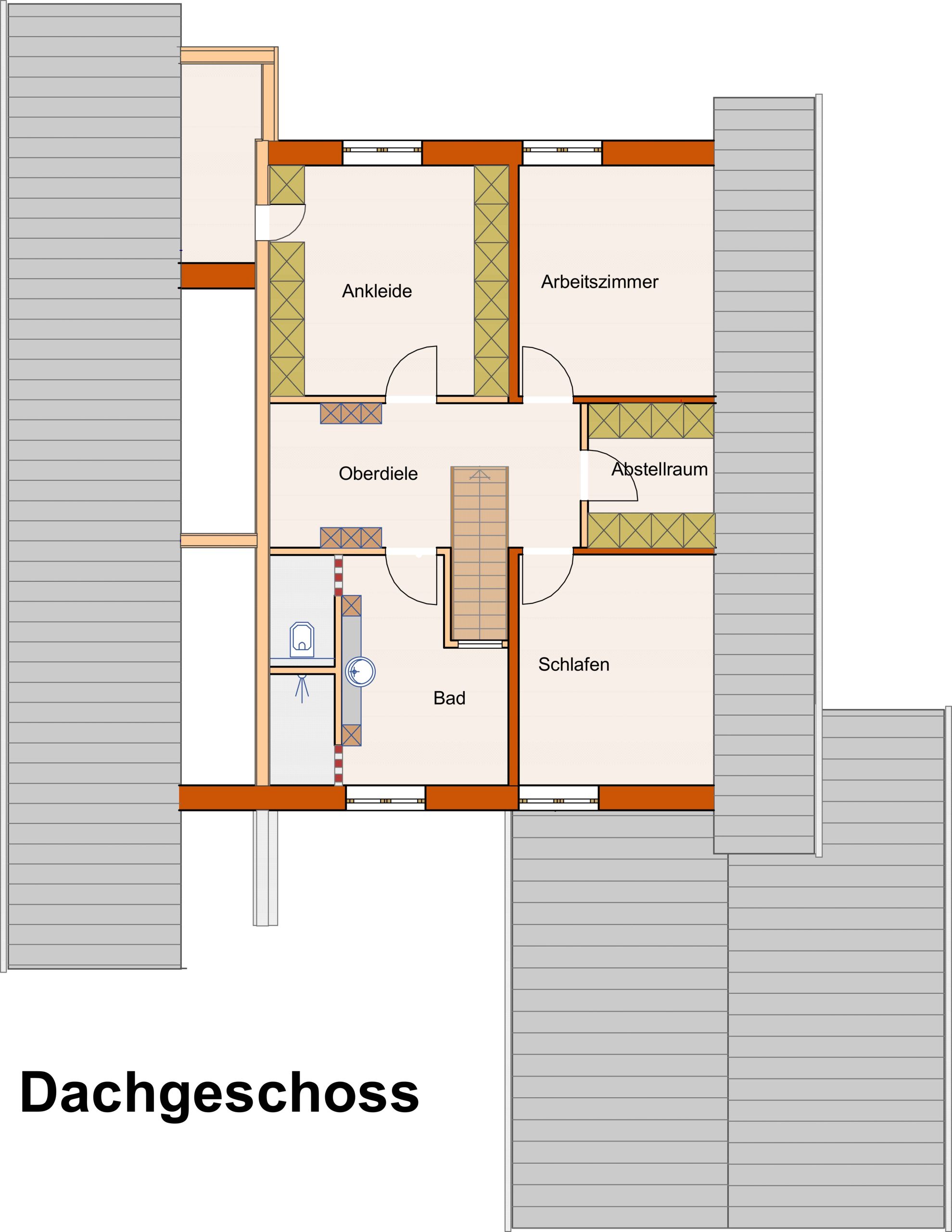 Grundriss Dachgeschoss mit Schlafräumen, Bad und Arbeitszimmer
