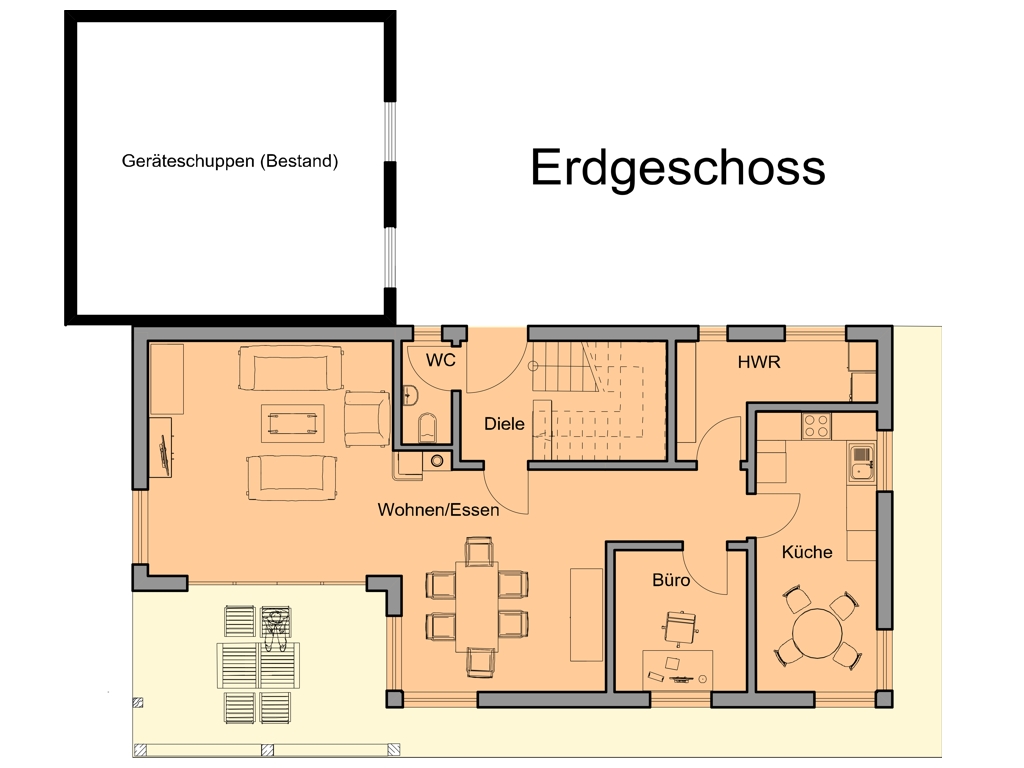 Grundriss Erdgeschoss mit offenem Wohnen, Essen und Küche