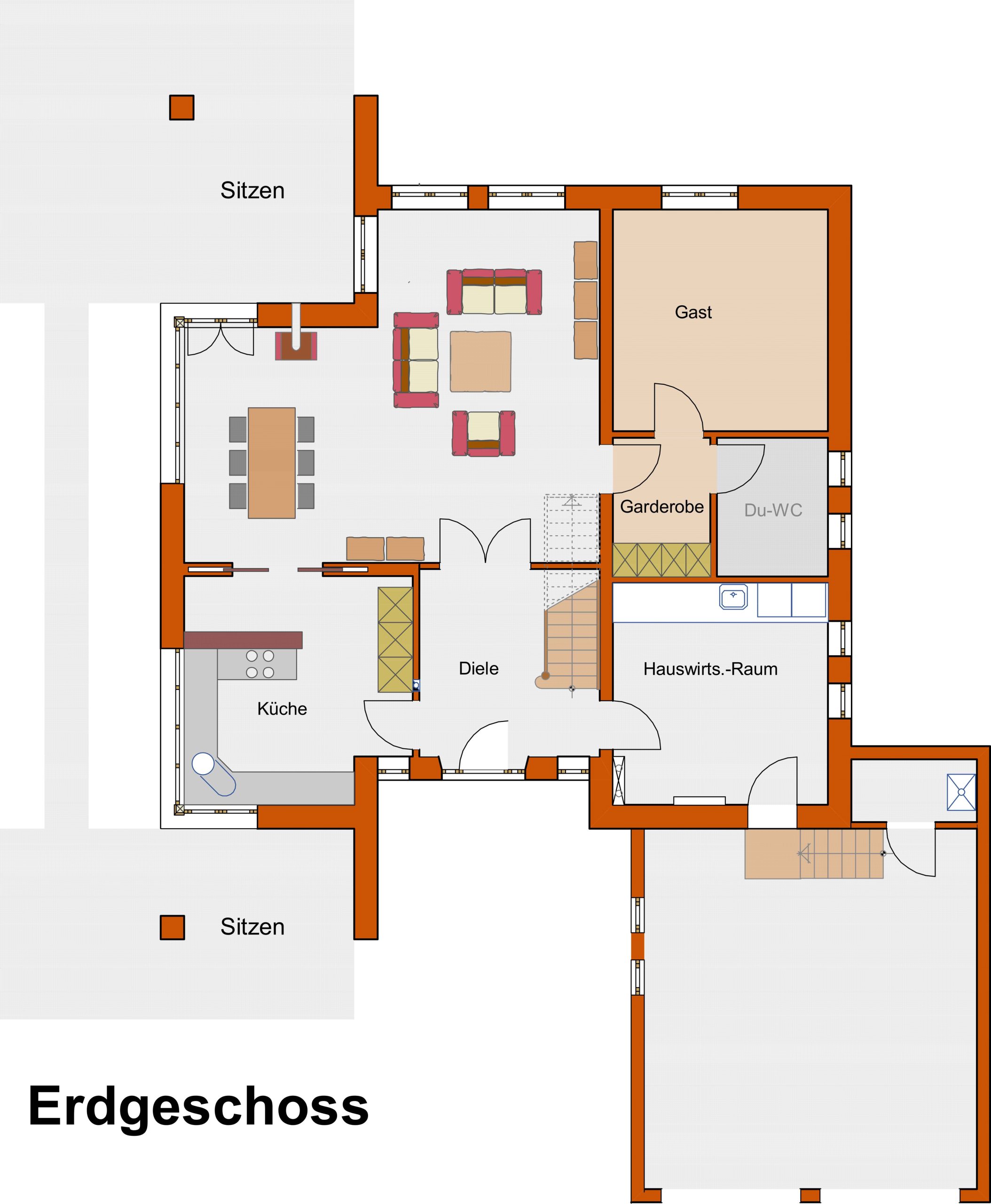 Grundriss Erdgeschoss mit Wohnbereich, Küche, Gästezimmer und Hauswirtschaftsraum