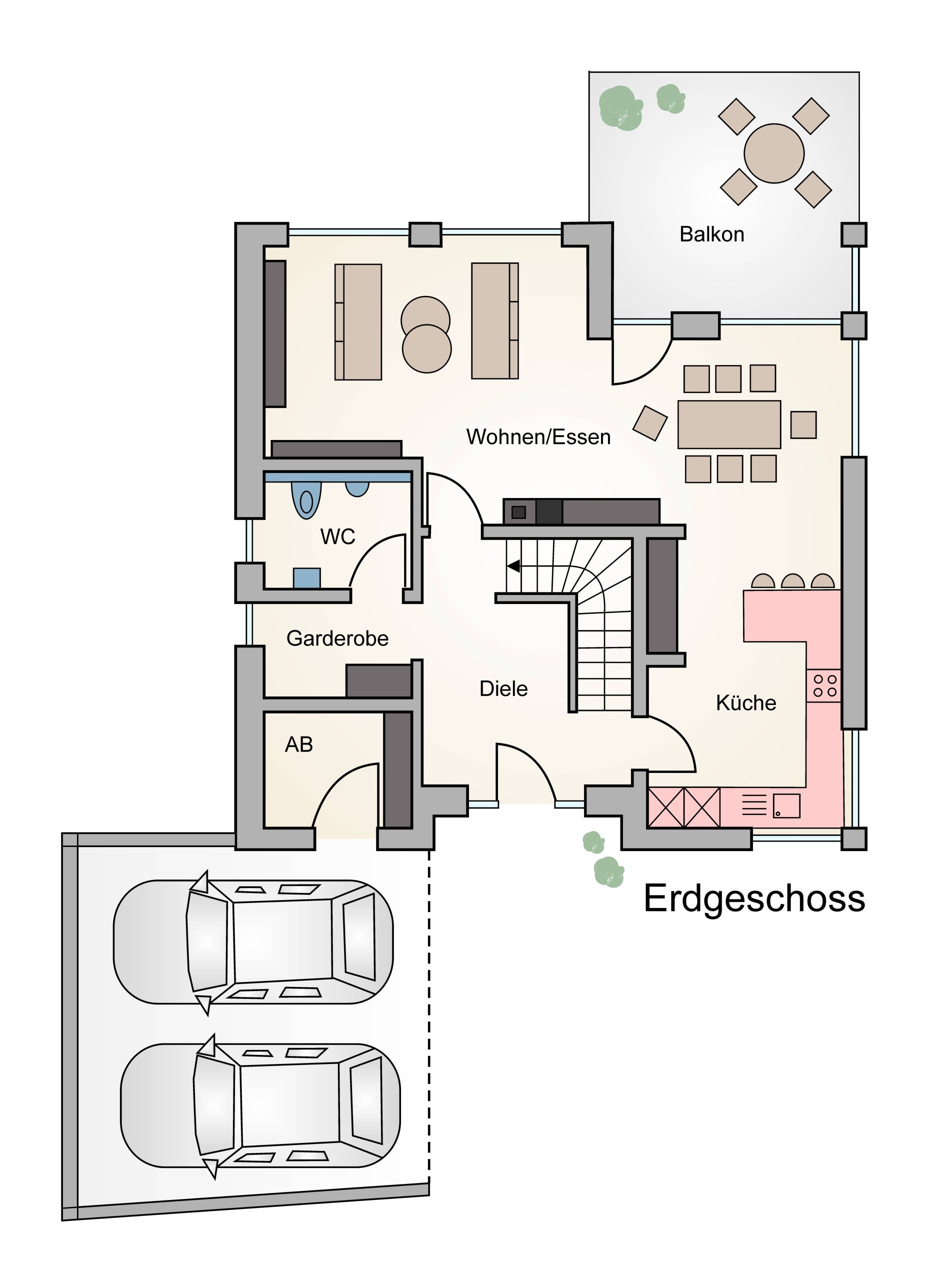 Grundriss des Erdgeschosses von Haus Vollmer mit Wohn- und Essbereich, Küche, Balkon, WC, Diele und angrenzendem Doppelcarport