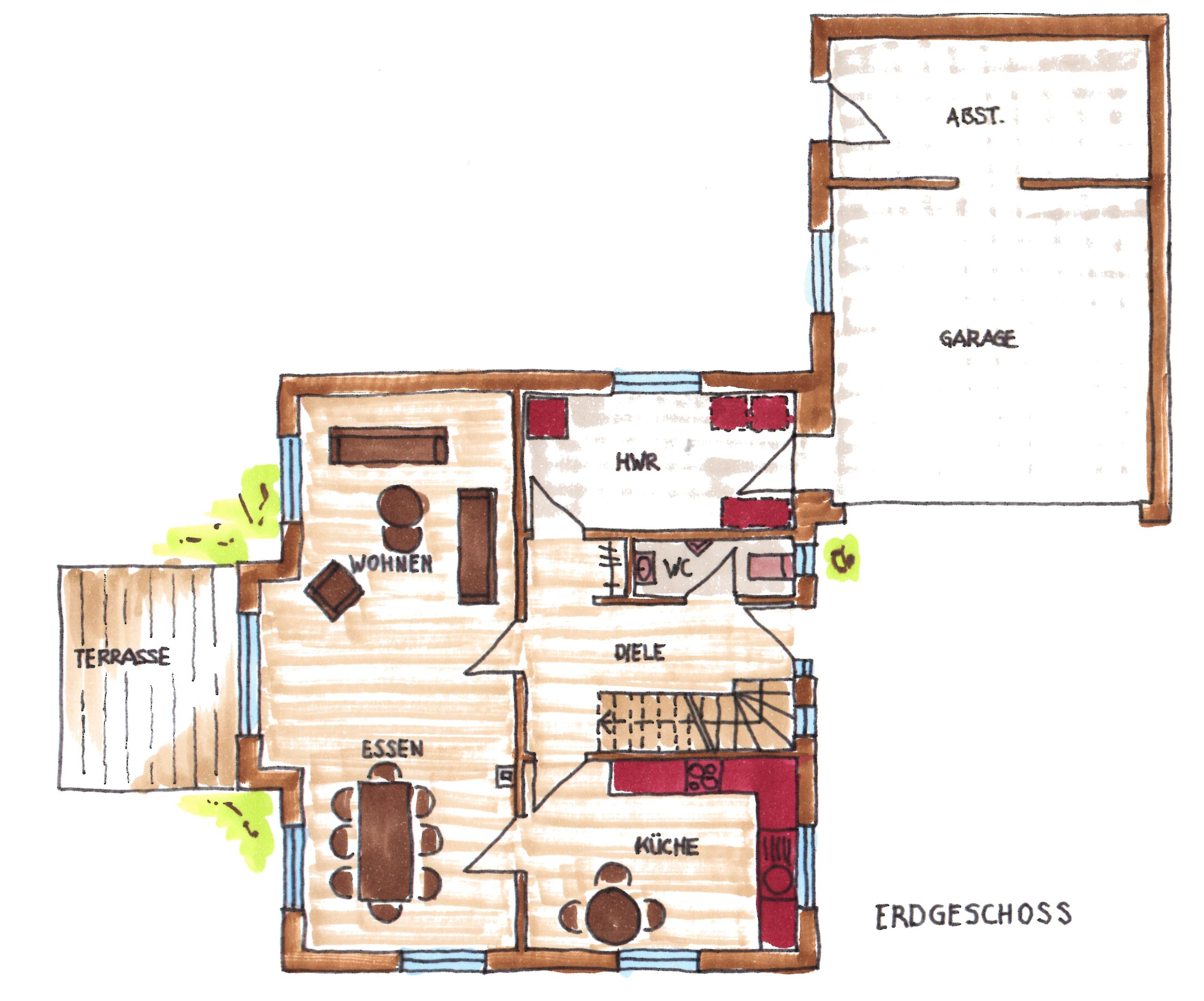 Handgezeichneter Grundriss des Erdgeschosses mit Küche, Essen, Wohnen, Diele und angeschlossener Garage