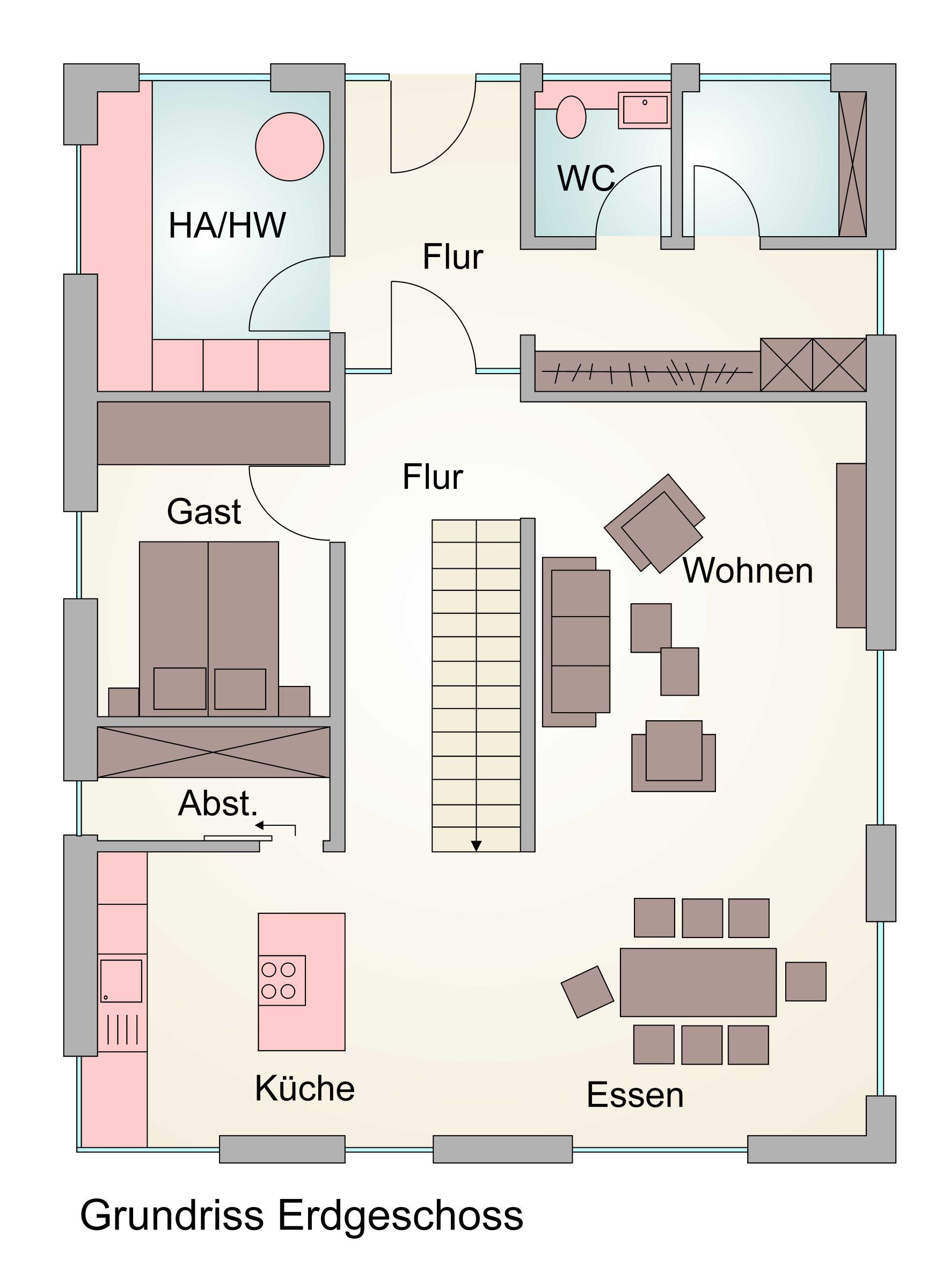 Grundriss Erdgeschoss mit offenem Wohn-, Ess- und Küchenbereich