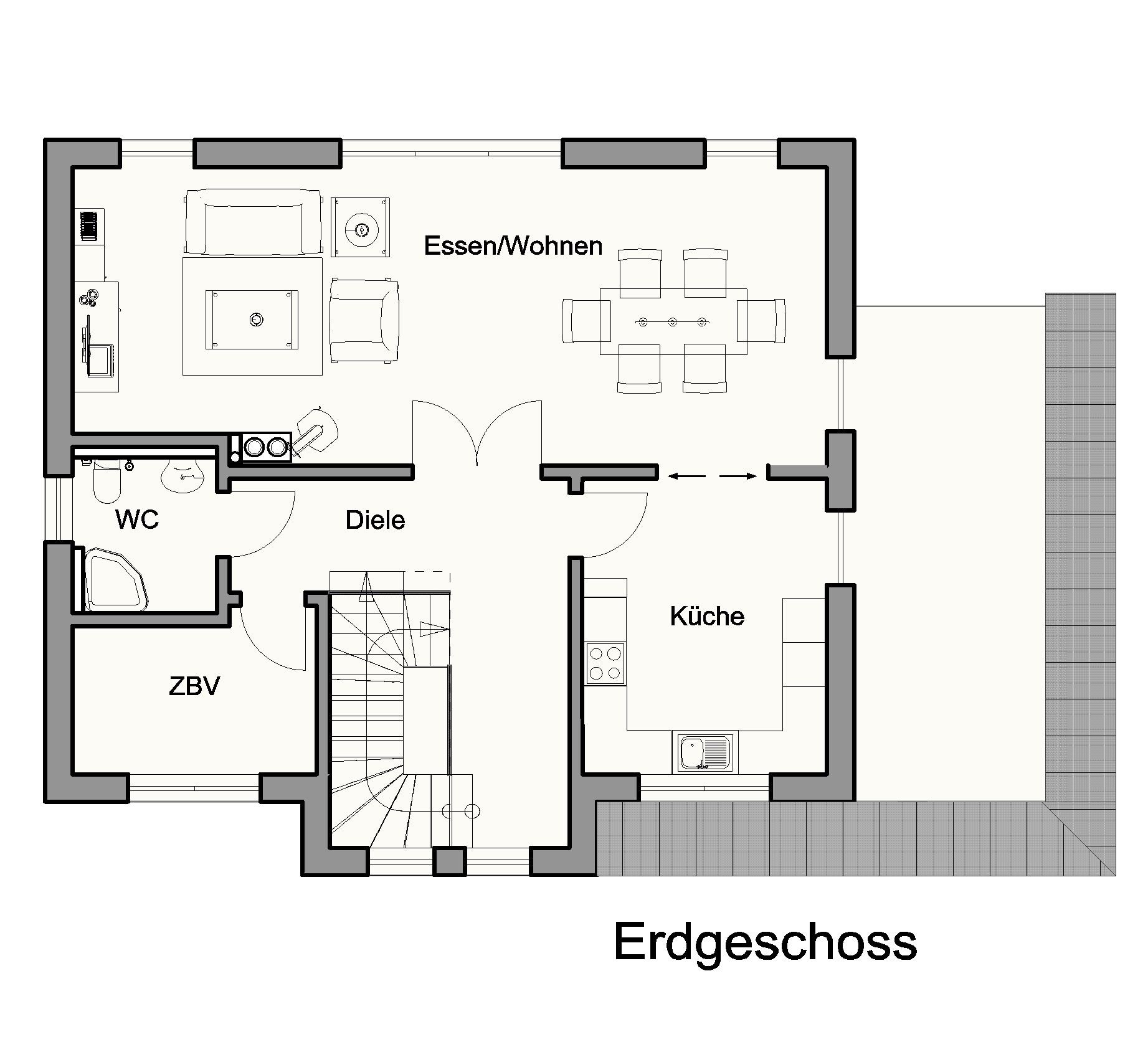 Grundriss des Erdgeschosses mit offenem Wohn- und Essbereich, Küche, WC und Abstellraum