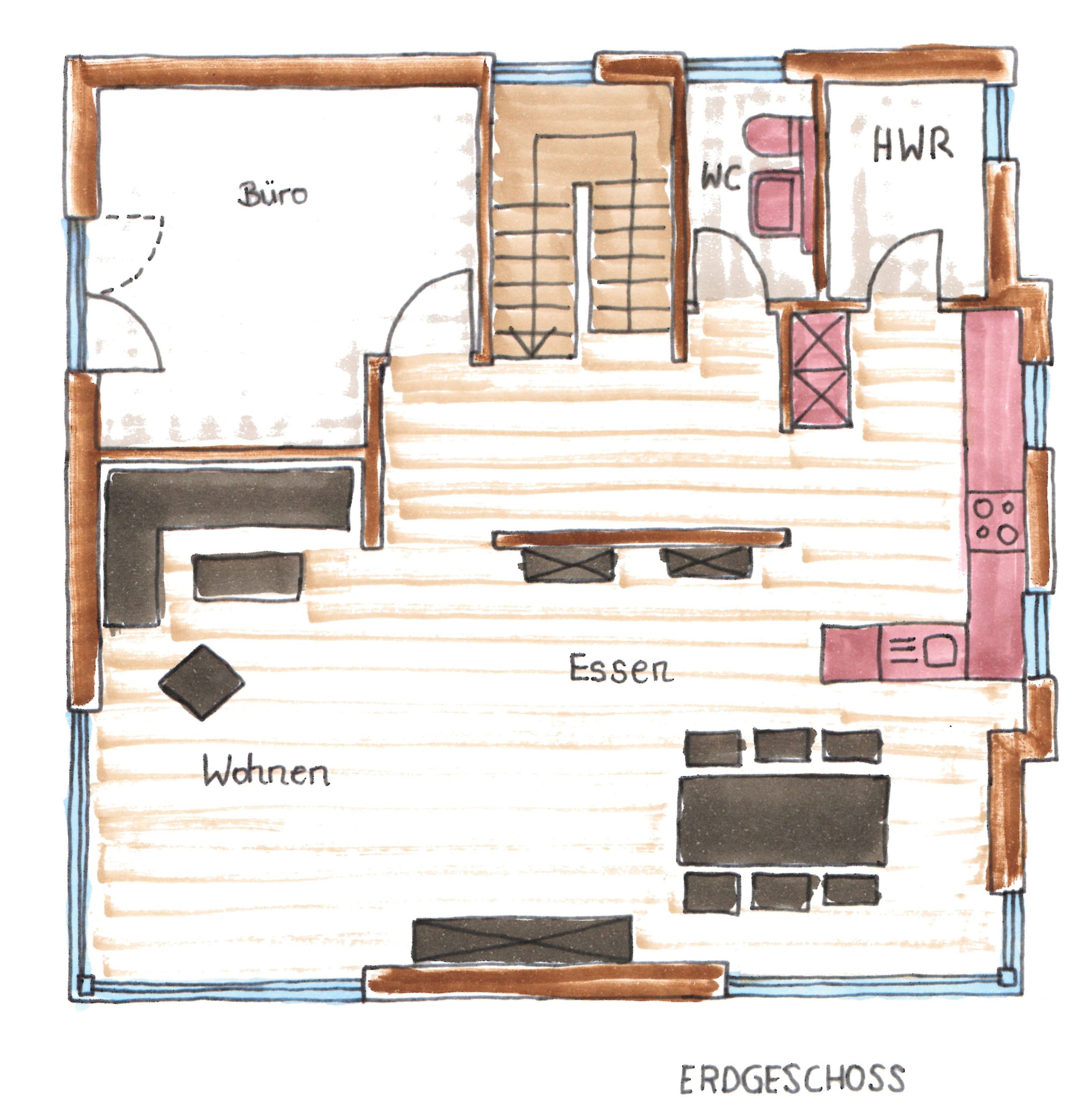 Handgezeichneter Grundriss des Erdgeschosses
