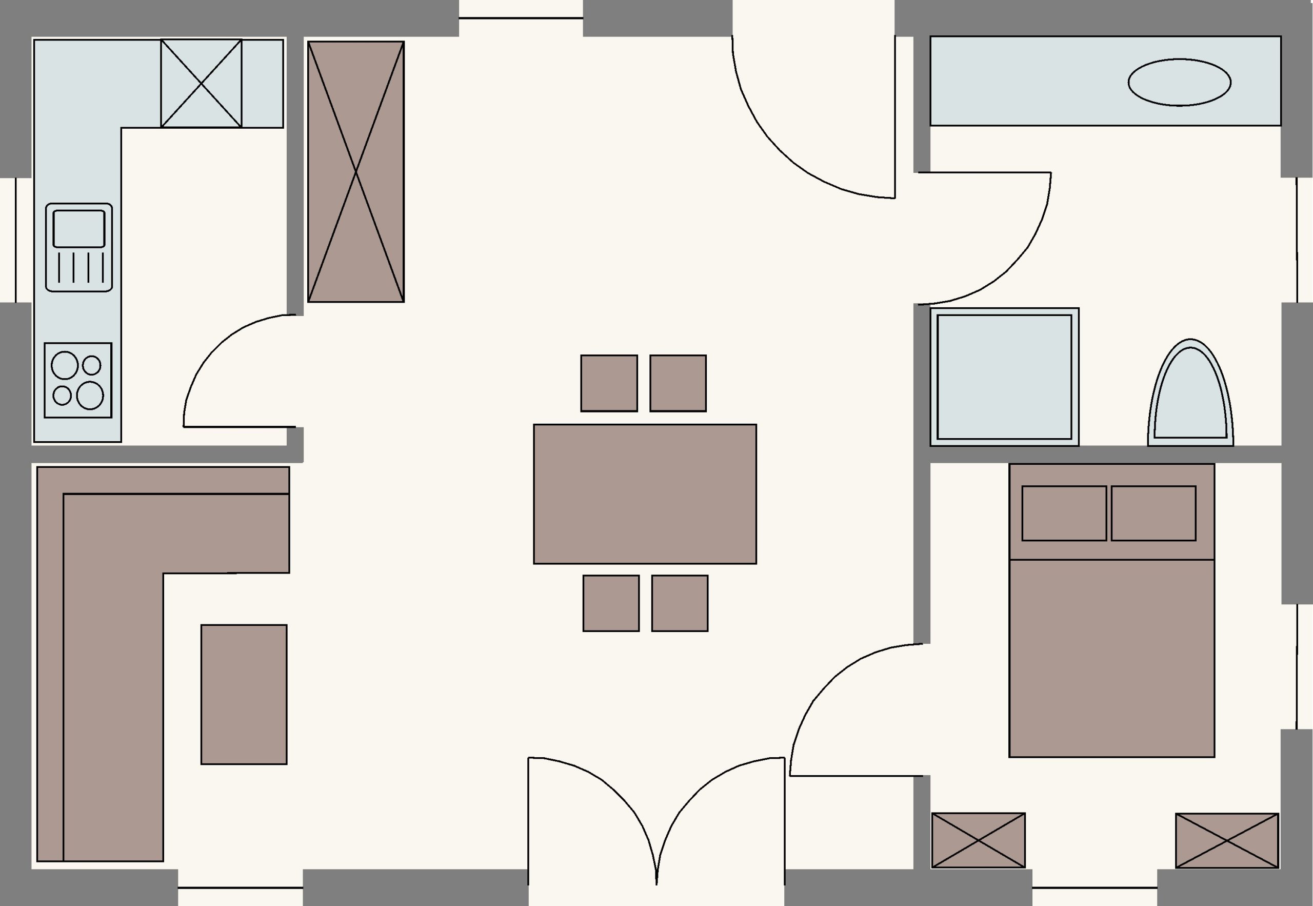 Grundriss eines kompakten Ferienhauses in Holzbauweise mit offenem Wohnbereich