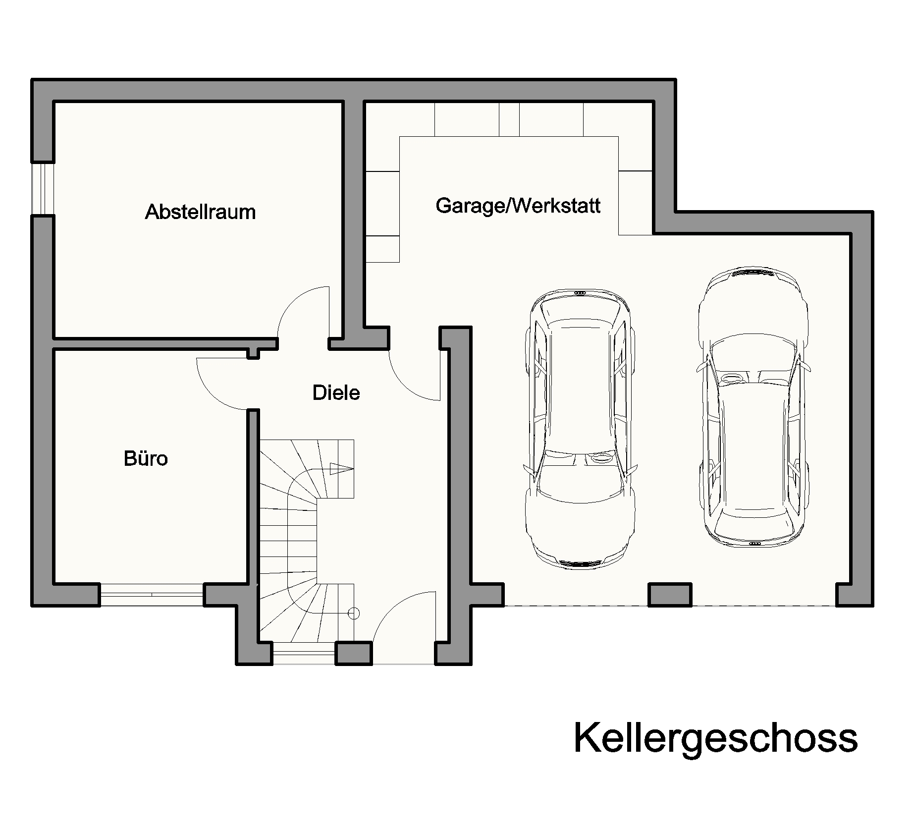 Grundriss des Kellergeschosses mit Büro, Abstellraum, Diele und Doppelgarage mit Werkstattbereich