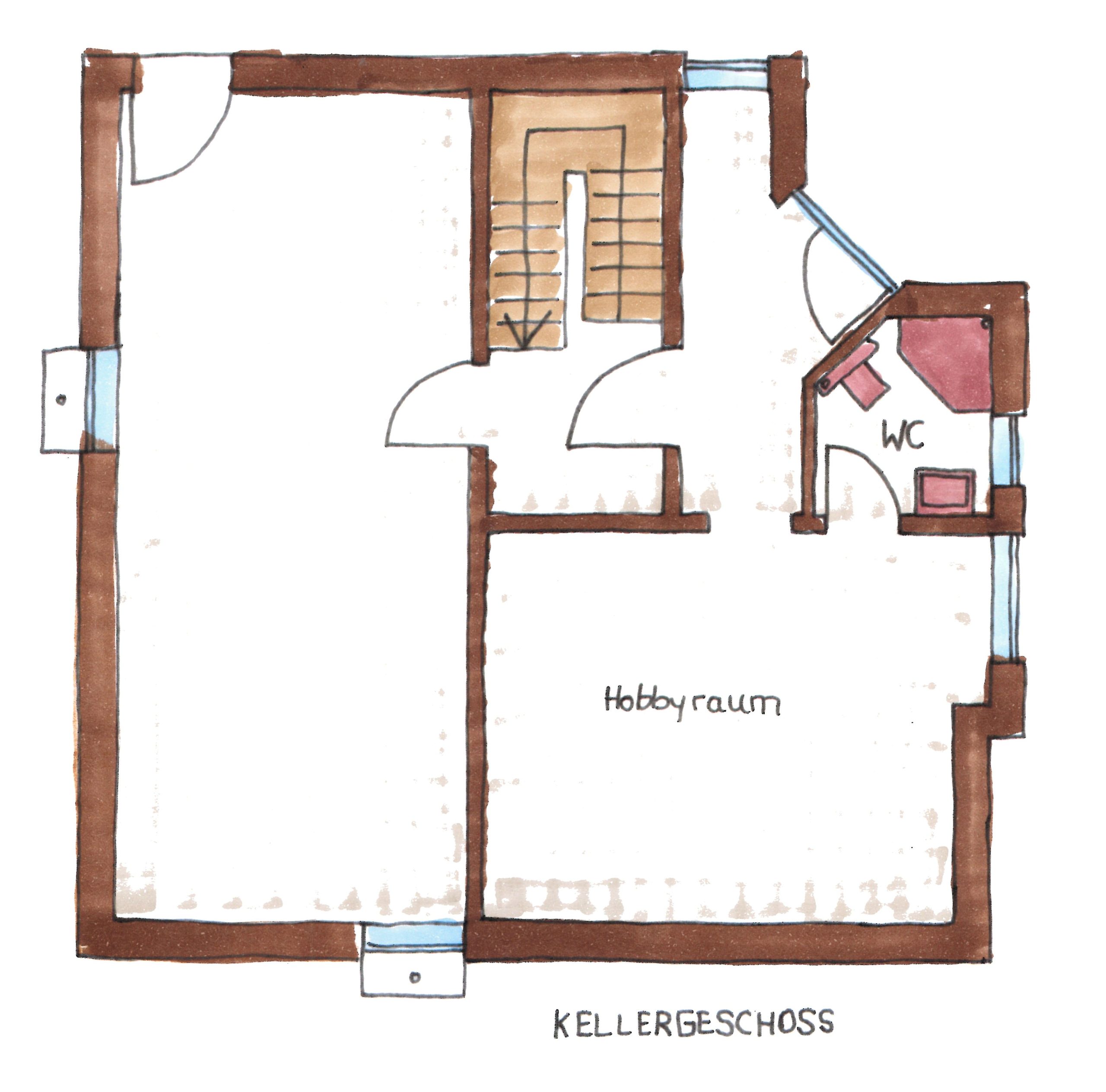 Handgezeichneter Kellergrundriss mit Hobbyraum