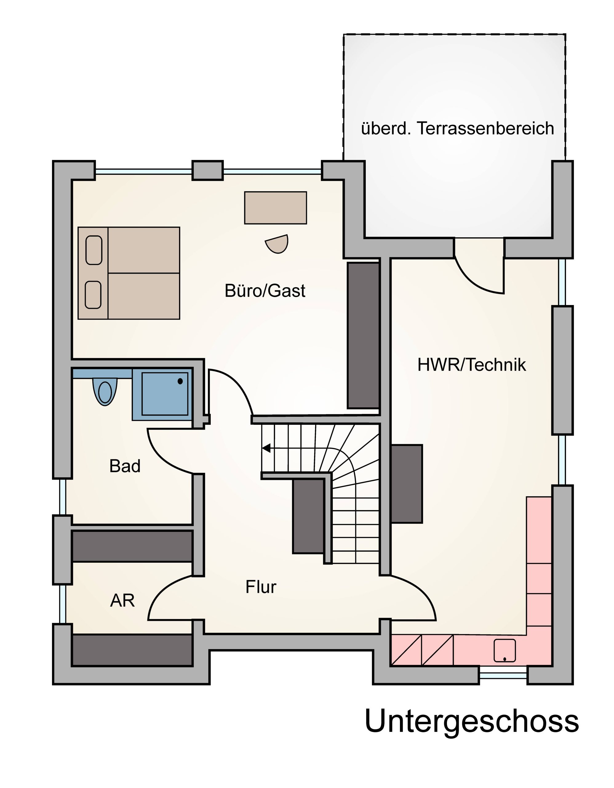 Grundriss des Untergeschosses von Haus Vollmer mit Gäste- bzw. Büroraum, Badezimmer, Abstellraum, Haustechnik und überdachtem Terrassenbereich