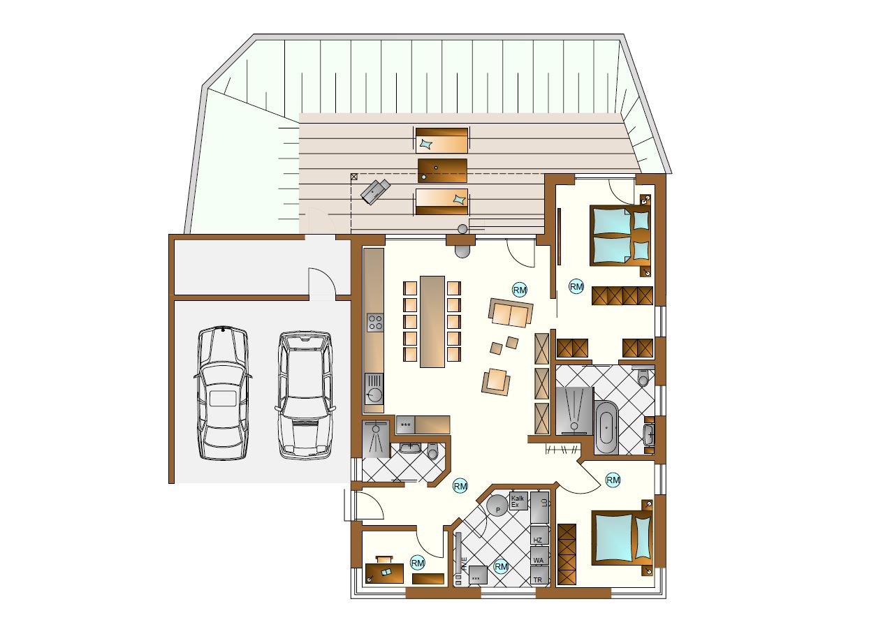 Grundriss des barrierefreien Holz-Bungalows mit Doppelcarport und offener Wohnzone