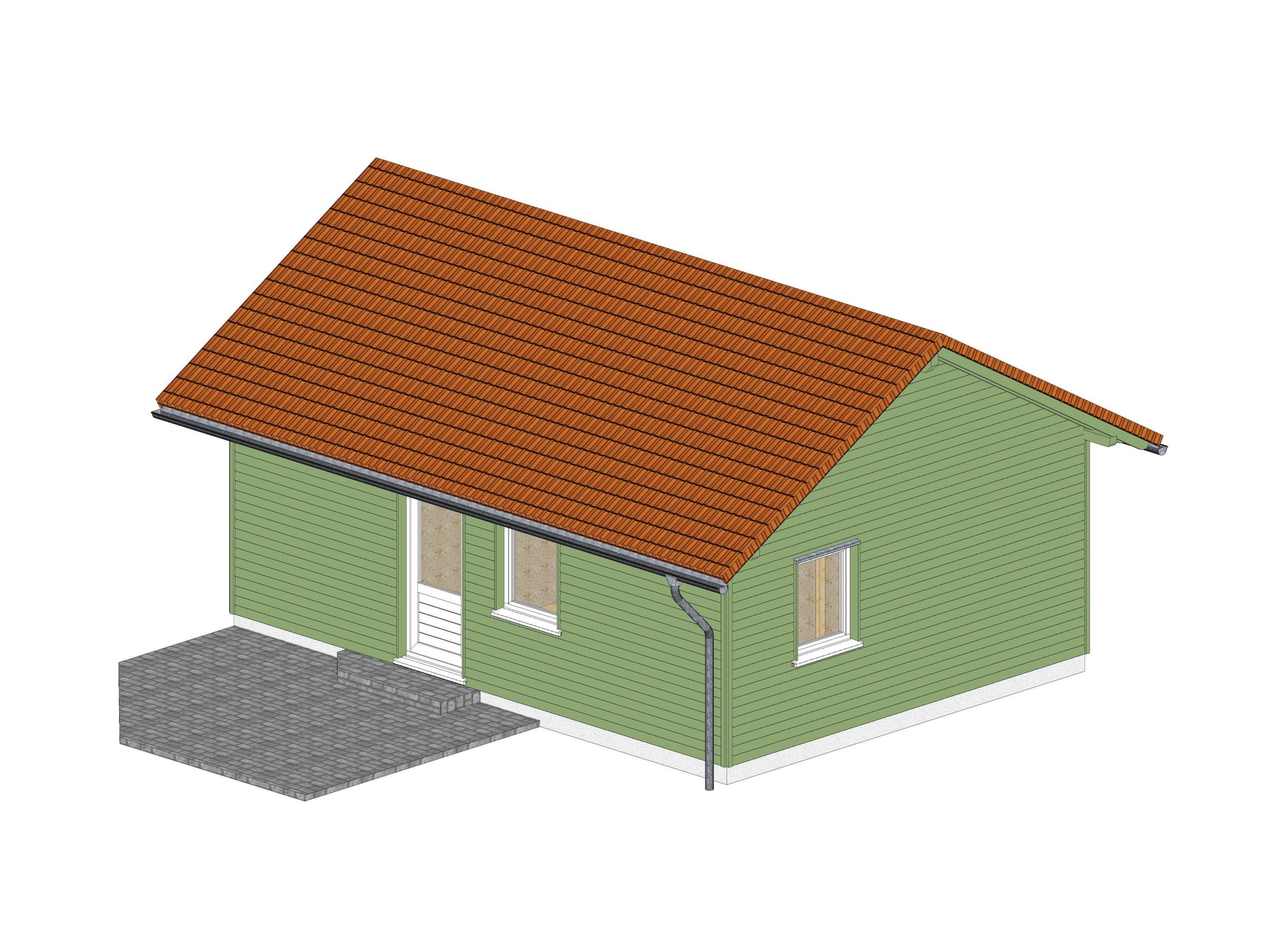 3D-Visualisierung der Rückseite eines kleinen Holzhauses mit grüner Fassadenverkleidung