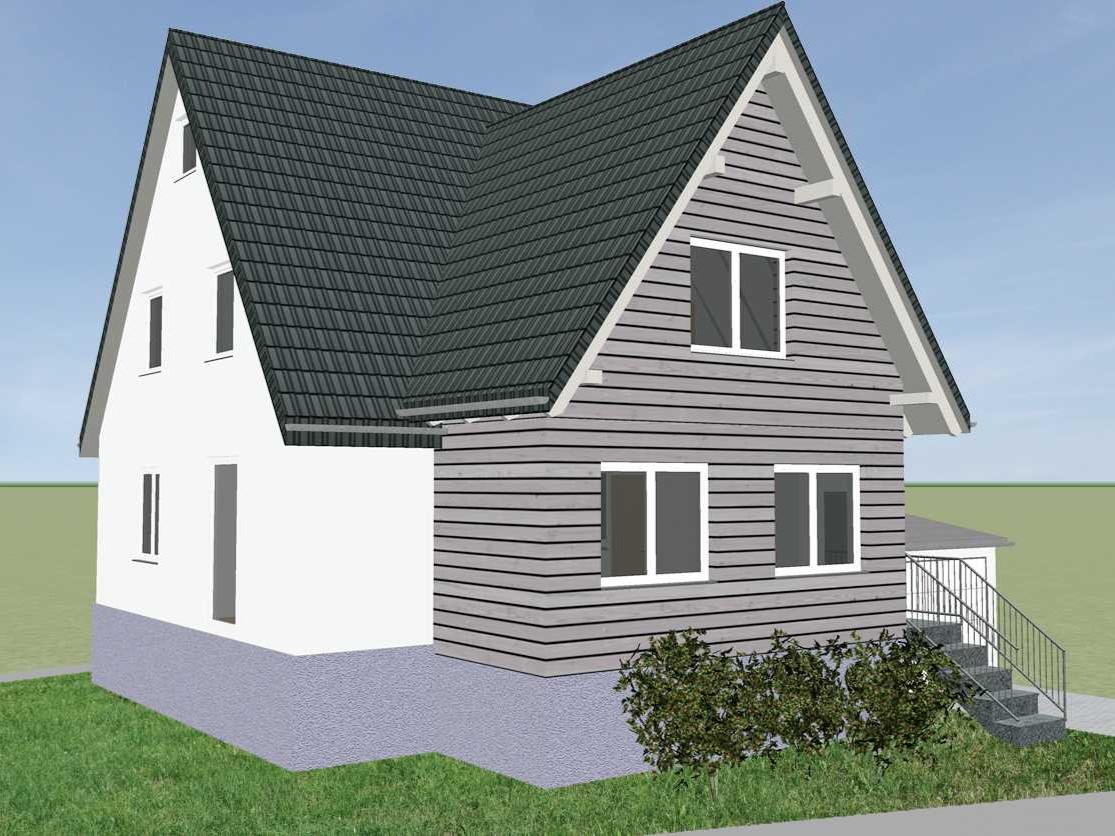 Visualisierung eines schmalen zweigeschossigen Anbaus an ein Einfamilienhaus