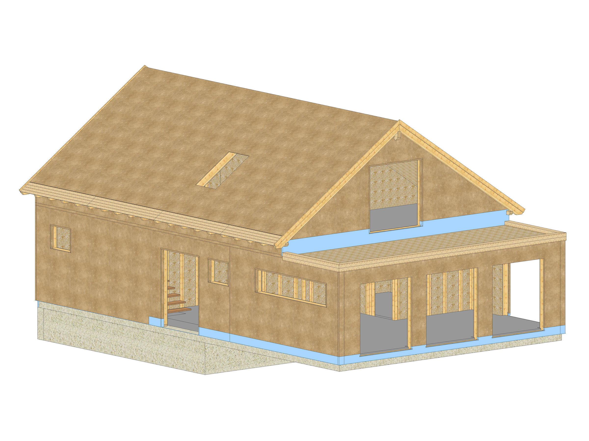 3D-Ansicht der CAD-Planung eines modernen Einfamilienhauses mit Satteldach und eingeschossigem Anbau