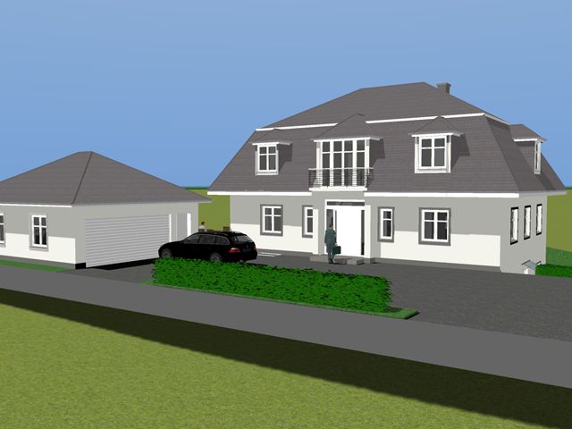 3D-Visualisierung eines Einfamilienhauses mit Mansarddach und separater Garage