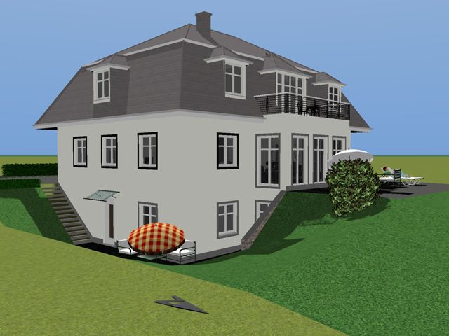 3D-Visualisierung der Gartenseite eines Wohnhauses mit Balkon und Terrasse
