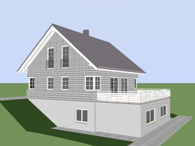 3D-Visualisierung eines Ferienhauses mit Holzfassade, Balkon und Satteldach