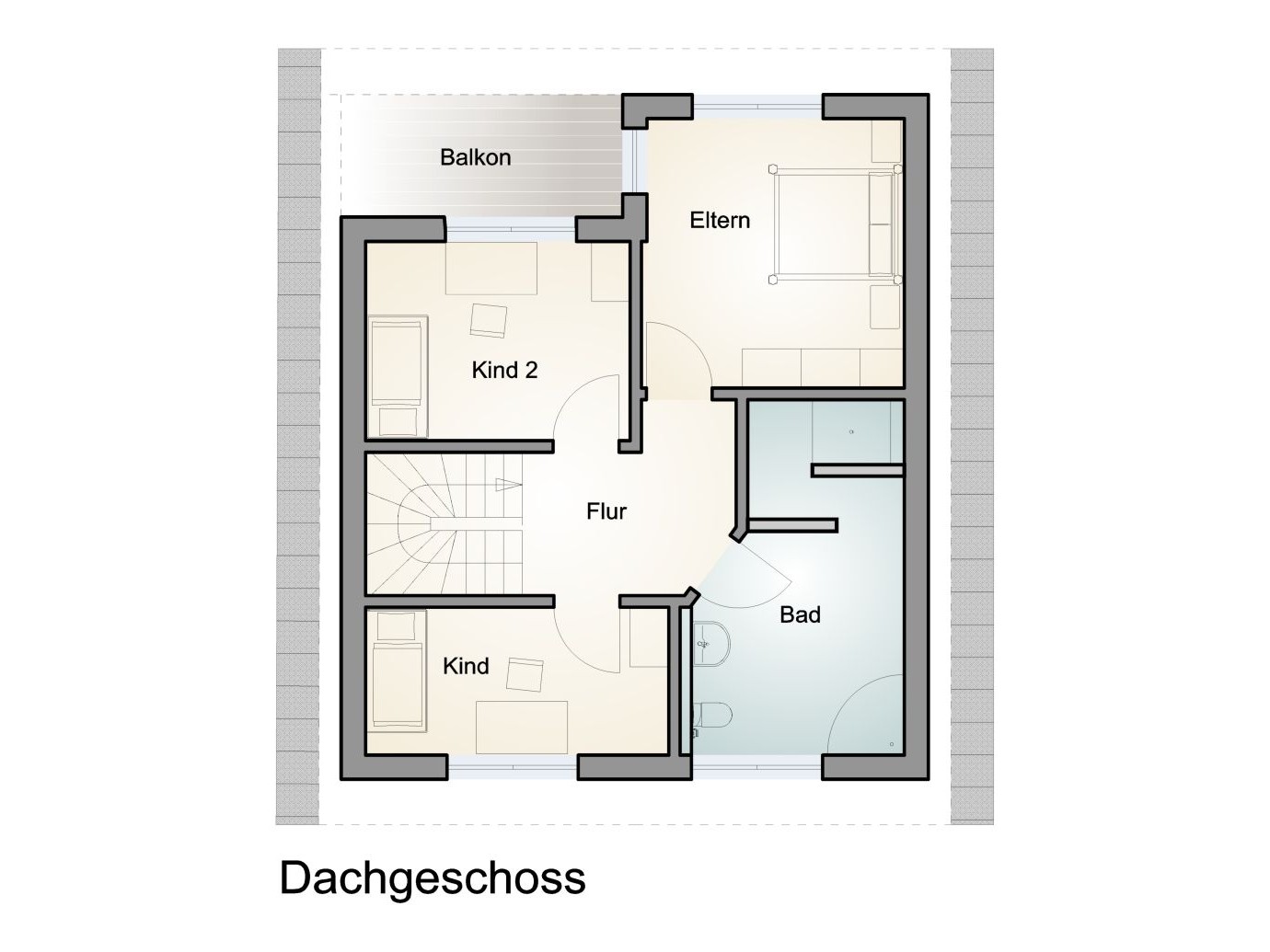 Grundriss Dachgeschoss mit Elternschlafzimmer, zwei Kinderzimmern, Bad und Balkon