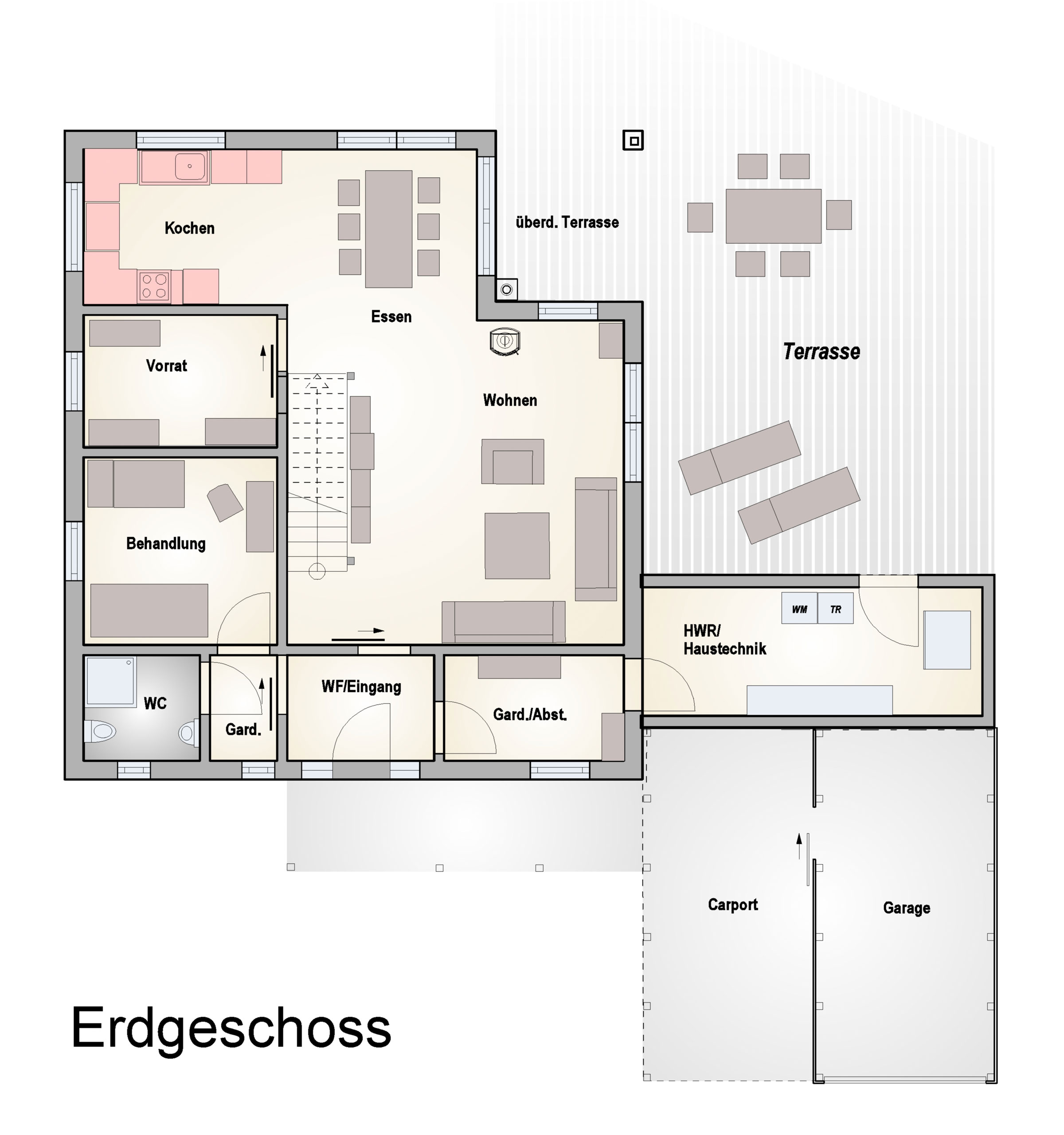 Grundriss des Erdgeschosses eines Einfamilienhauses