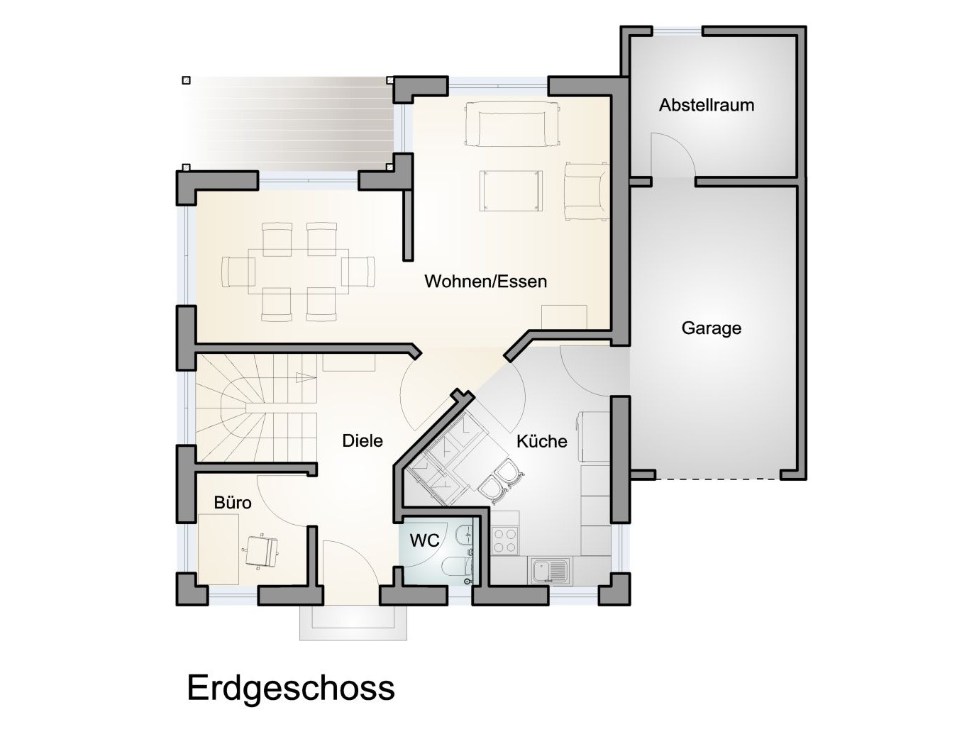 Grundriss Erdgeschoss mit Wohn- und Essbereich, Diele, Küche, Büro, WC und Garage