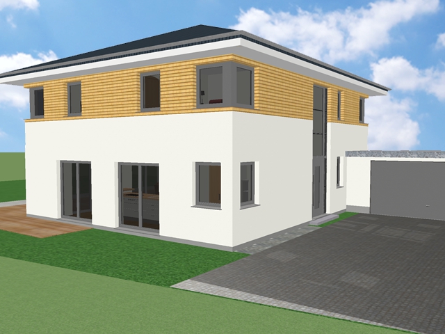 Visualisierung der modernen Stadtvilla mit Walmdach und klarer Fassadengliederung