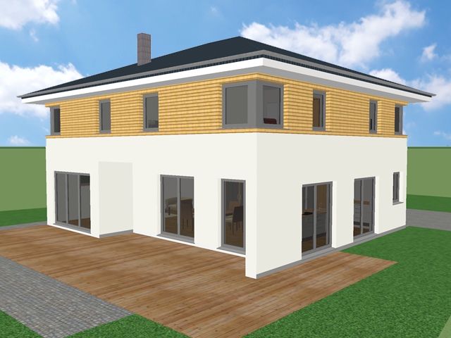 Visualisierung Terrassenseite der Stadtvilla mit großen Fensterflächen