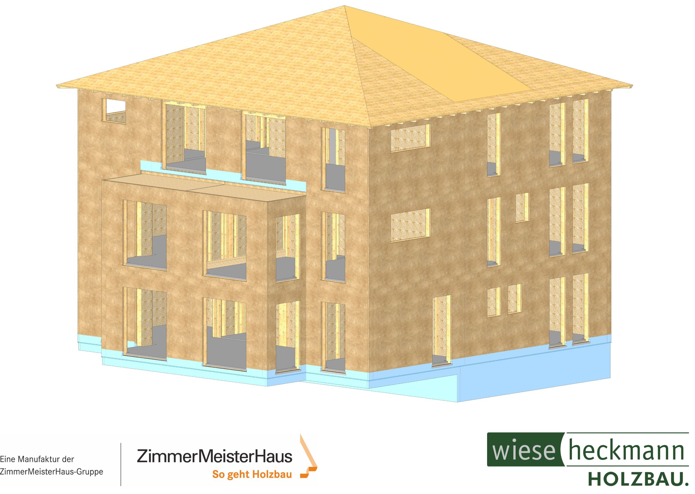 3D-Visualisierung eines mehrgeschossigen Wohngebäudes in moderner Holzbauweise
