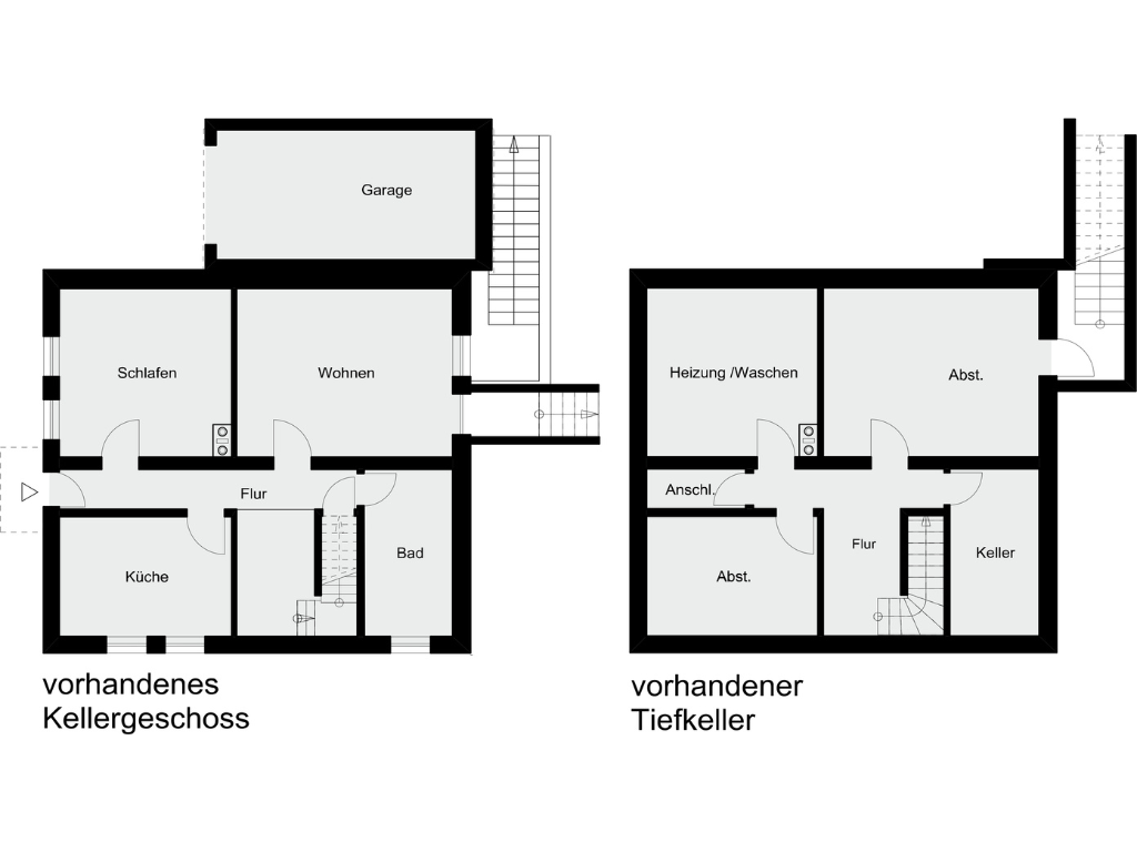 Plan mit Grundrissen des vorhandenen Kellergeschosses und des vorhandenen Tiefkellers als Basis für den Wiederaufbau