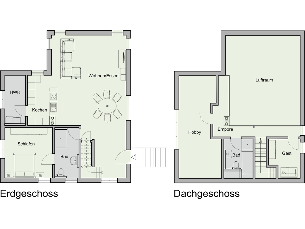 Plan mit Grundrissen von Erdgeschoss und Dachgeschoss des neu errichteten Gebäudes