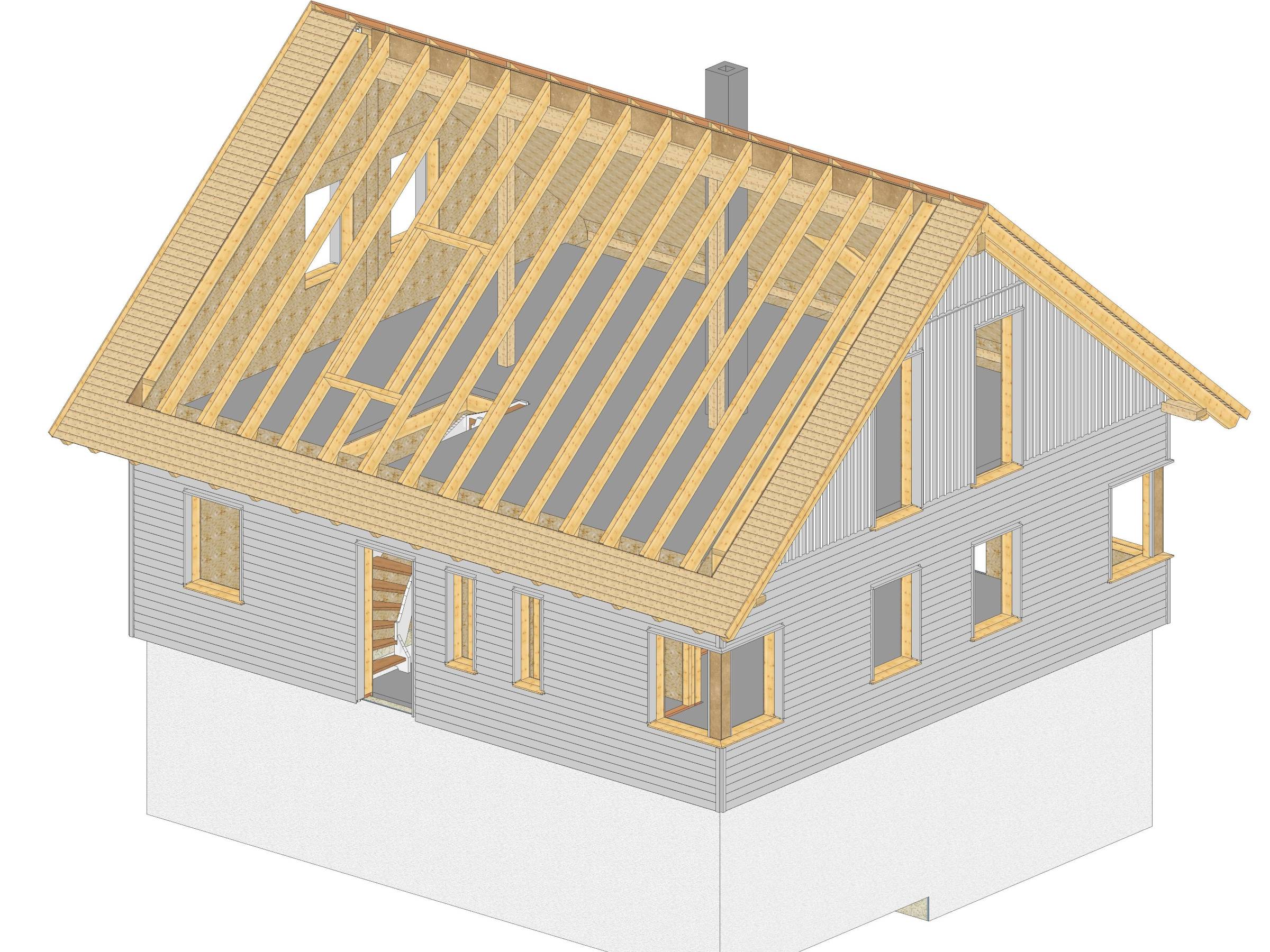 Konstruktionsdarstellung eines Holzhauses mit sichtbarer Dach- und Wandkonstruktion
