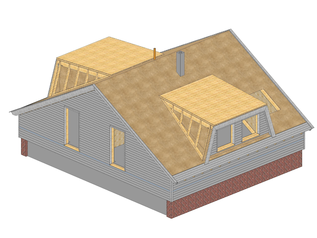 3D Visualisierung der Aufstockung mit Satteldach und zwei Gauben auf der Längsseite