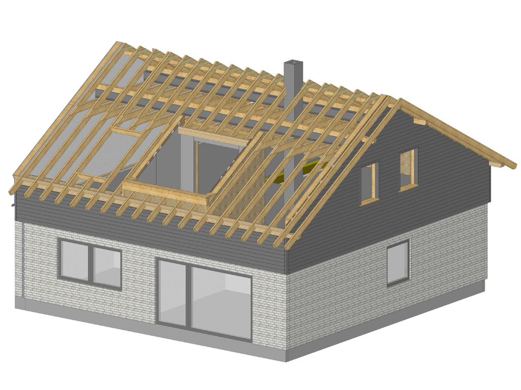 3D-Darstellung der Aufstockung eines Flachdachgebäudes mit neuem Satteldach