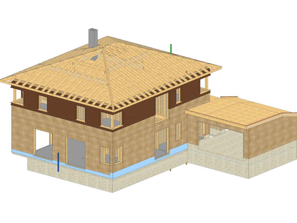 3D Holzbaukonstruktion der Stadtvilla mit angebauter Garage