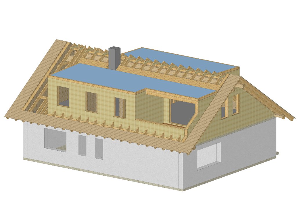 3D-Darstellung einer Dachaufstockung mit erneuertem Dachstuhl, zwei Gauben und integrierter Loggia