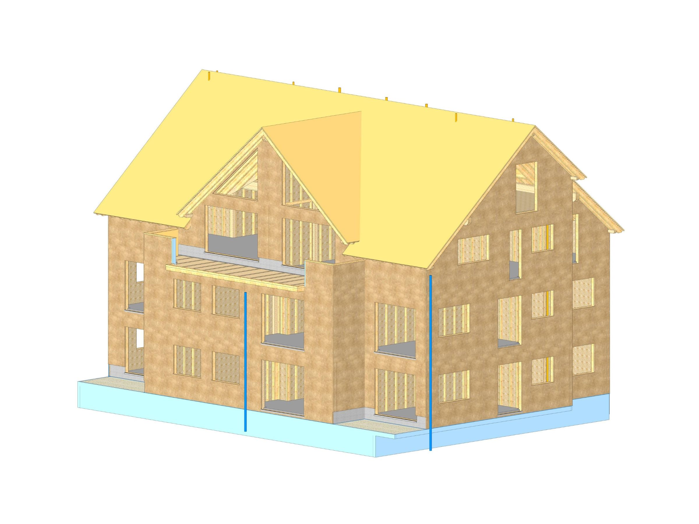 Zweite Ansicht 3D-Visualisierung des mehrgeschossigen Holzrahmenbaus mit Satteldach