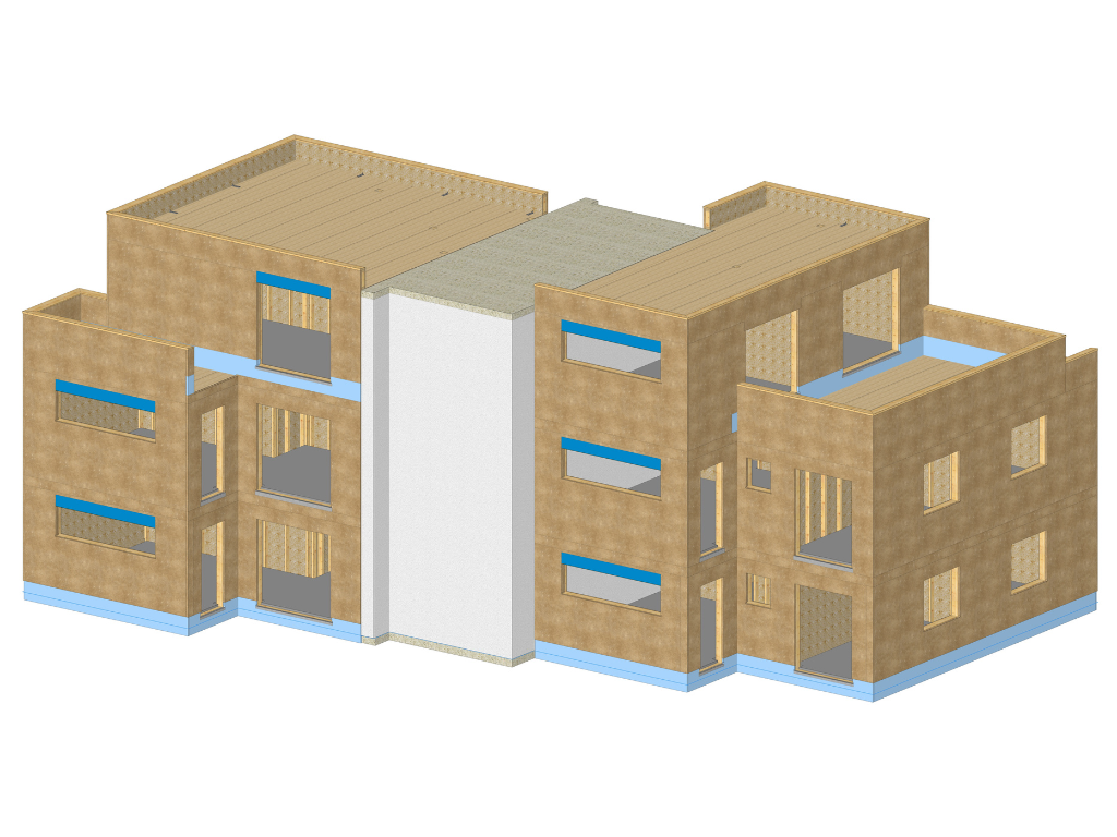 3D-Darstellung eines mehrgeschossigen Holzbaus mit Praxis- und Wohnnutzung