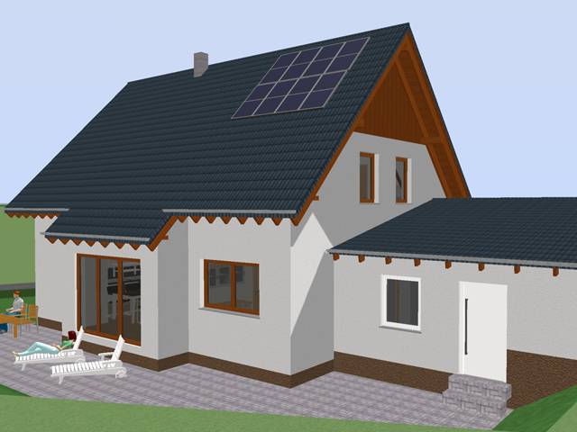 3D Visualisierung der Rückseite mit Terrasse und Satteldach