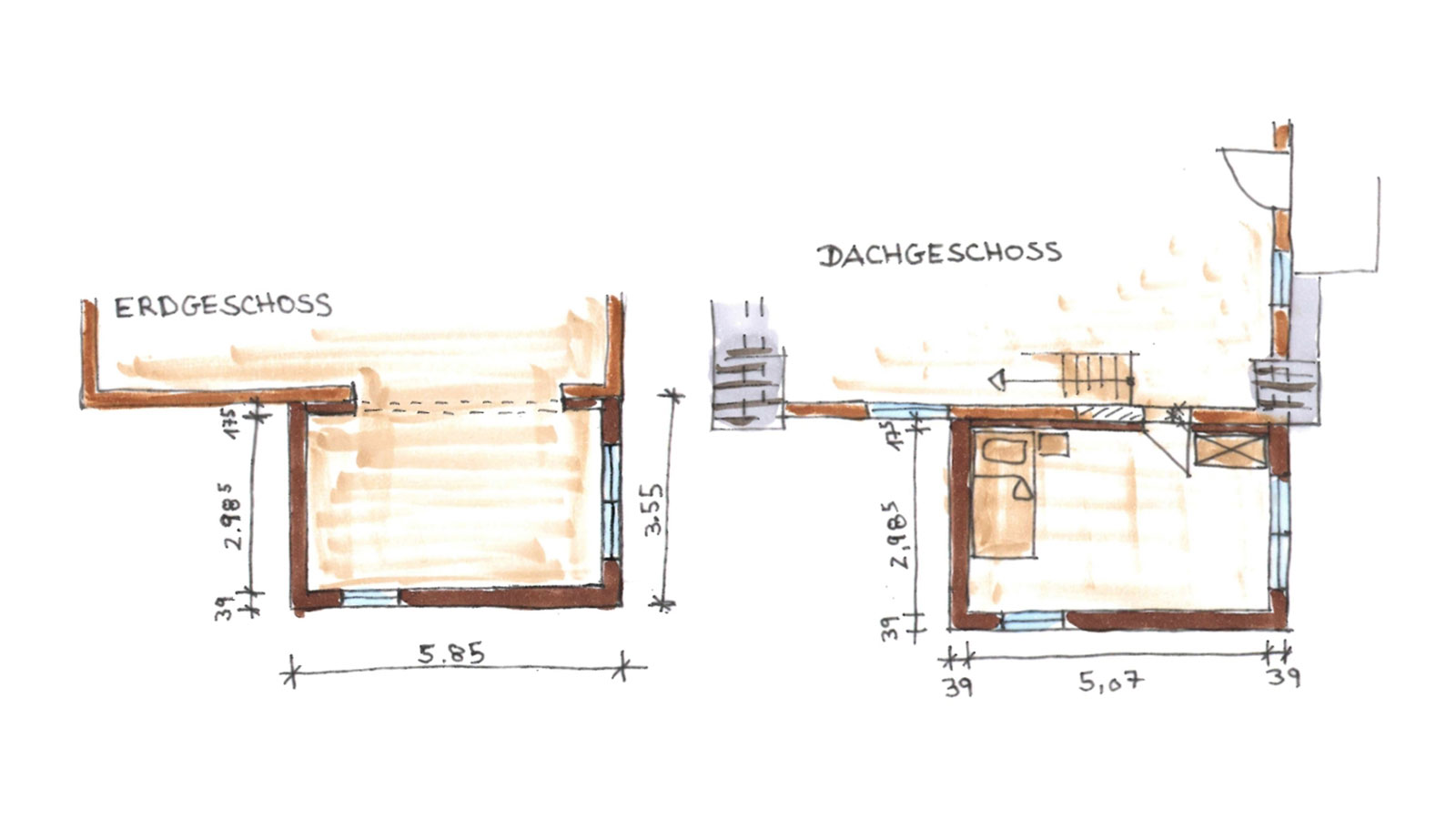Grundrisse des Erdgeschosses und Dachgeschosses des zweigeschossigen Anbaus in Holzrahmenbauweise
