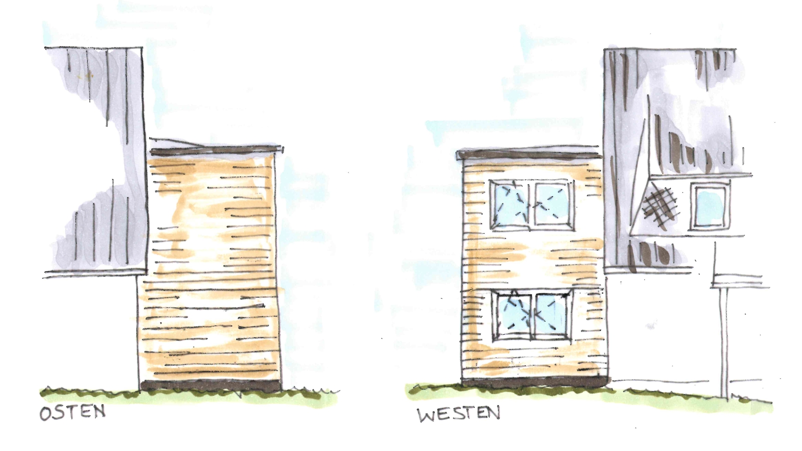 West- und Ostansicht des zweigeschossigen Holz-Anbaus mit klar abgesetzter Fassade